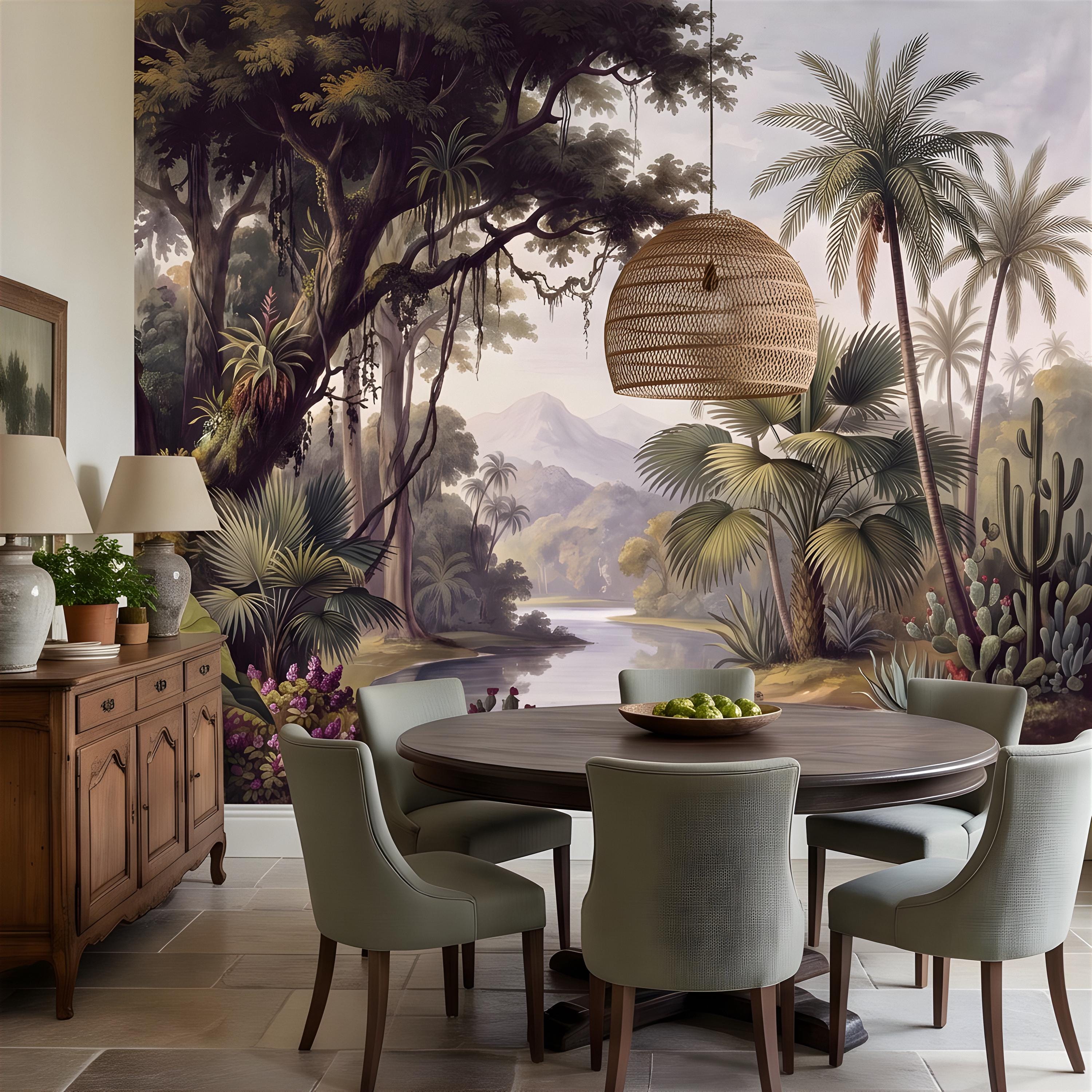 Vintage Tropical Landscape Peel and Stick Wall Mural, Exotic Jungle River, Botanical Palm Paradise Antique Wallpaper