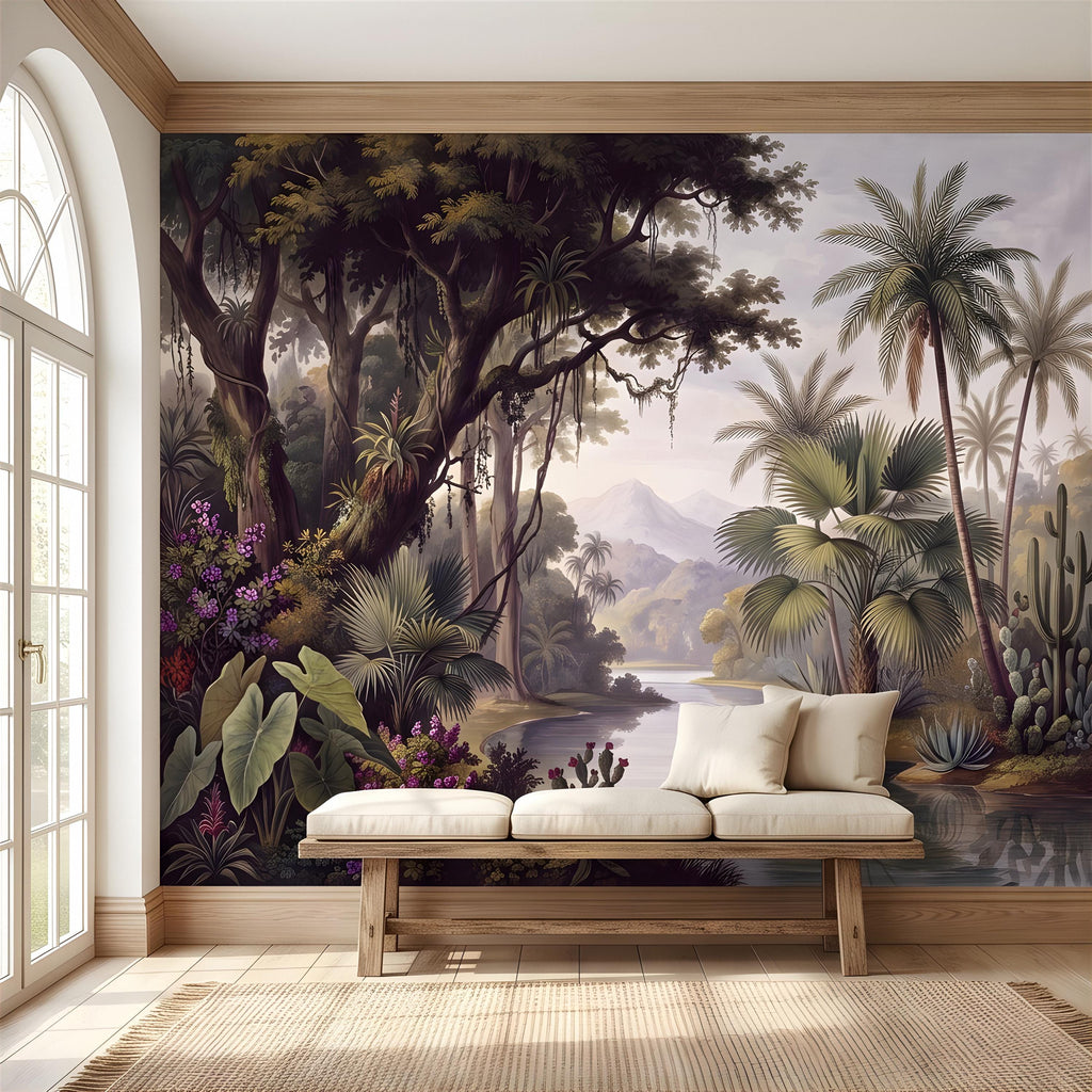 Vintage Tropical Landscape Peel and Stick Wall Mural, Exotic Jungle River, Botanical Palm Paradise Antique Wallpaper