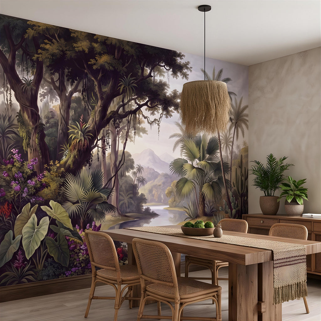 Vintage Tropical Landscape Peel and Stick Wall Mural, Exotic Jungle River, Botanical Palm Paradise Antique Wallpaper