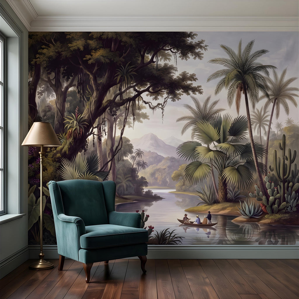 Vintage Tropical Landscape Peel and Stick Wall Mural, Exotic Jungle River, Botanical Palm Paradise Antique Wallpaper