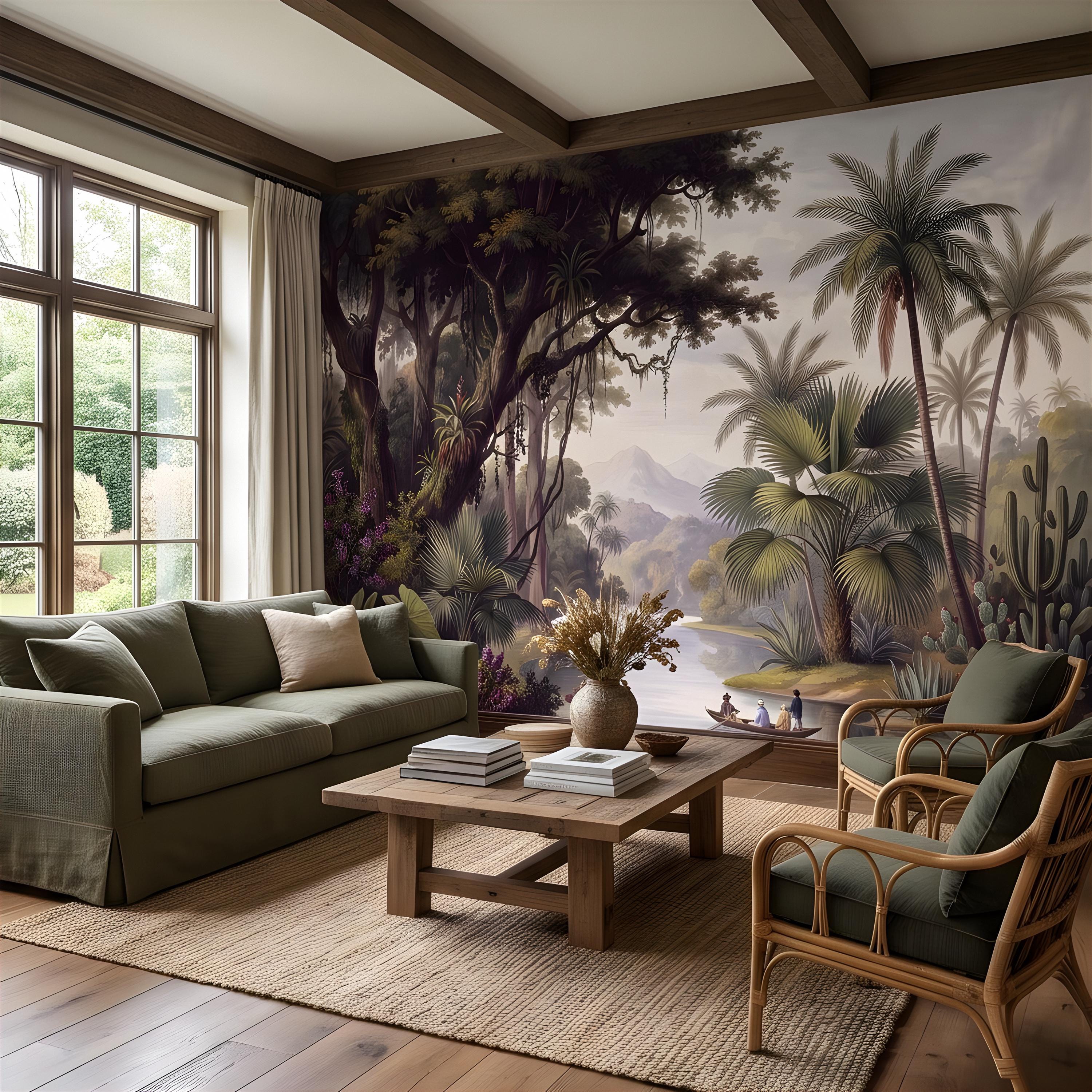 Vintage Tropical Landscape Peel and Stick Wall Mural, Exotic Jungle River, Botanical Palm Paradise Antique Wallpaper
