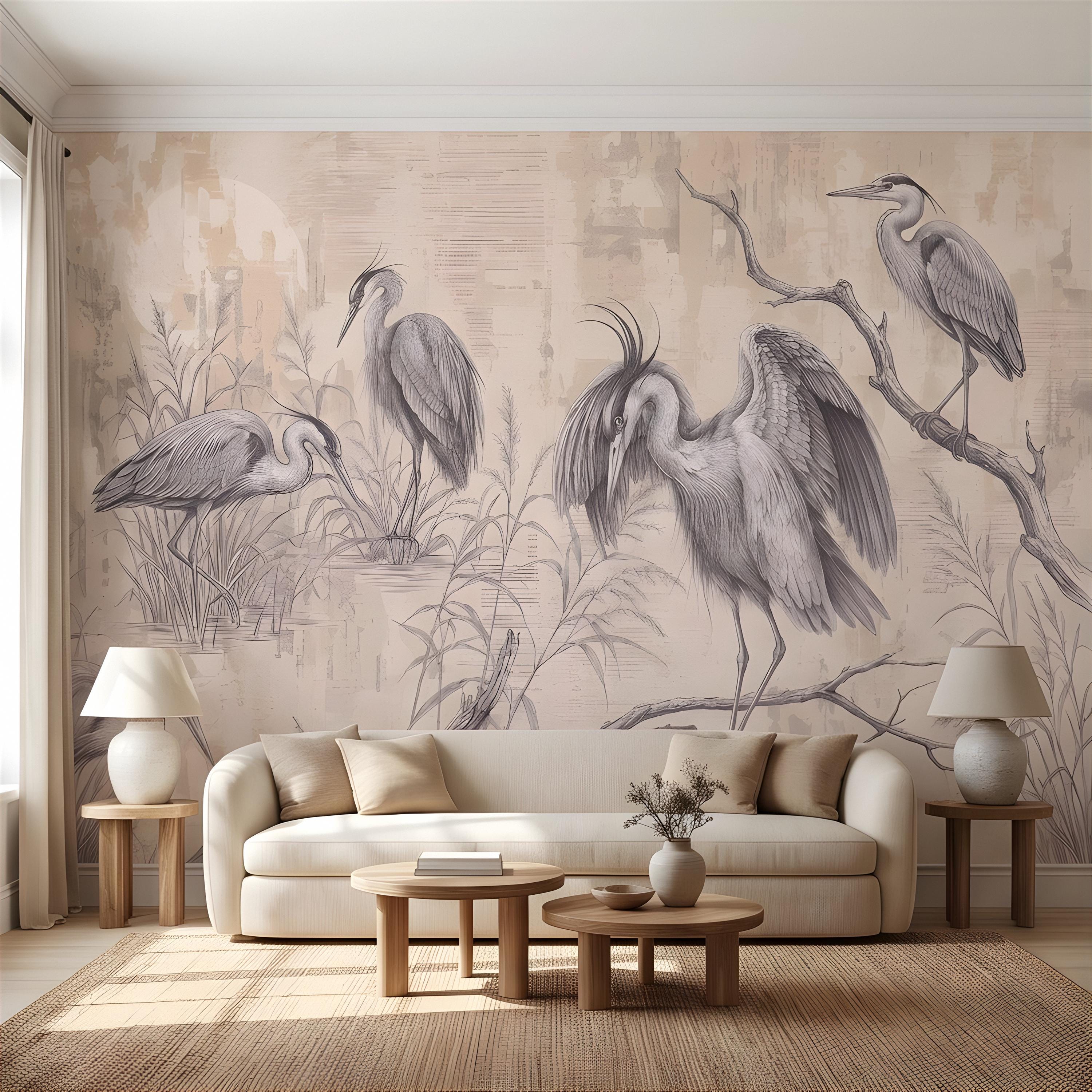 Vintage Heron Peel and Stick Wall Mural, Antique Marsh Waterbirds Coastal Wetland Scene Nature Wallpaper