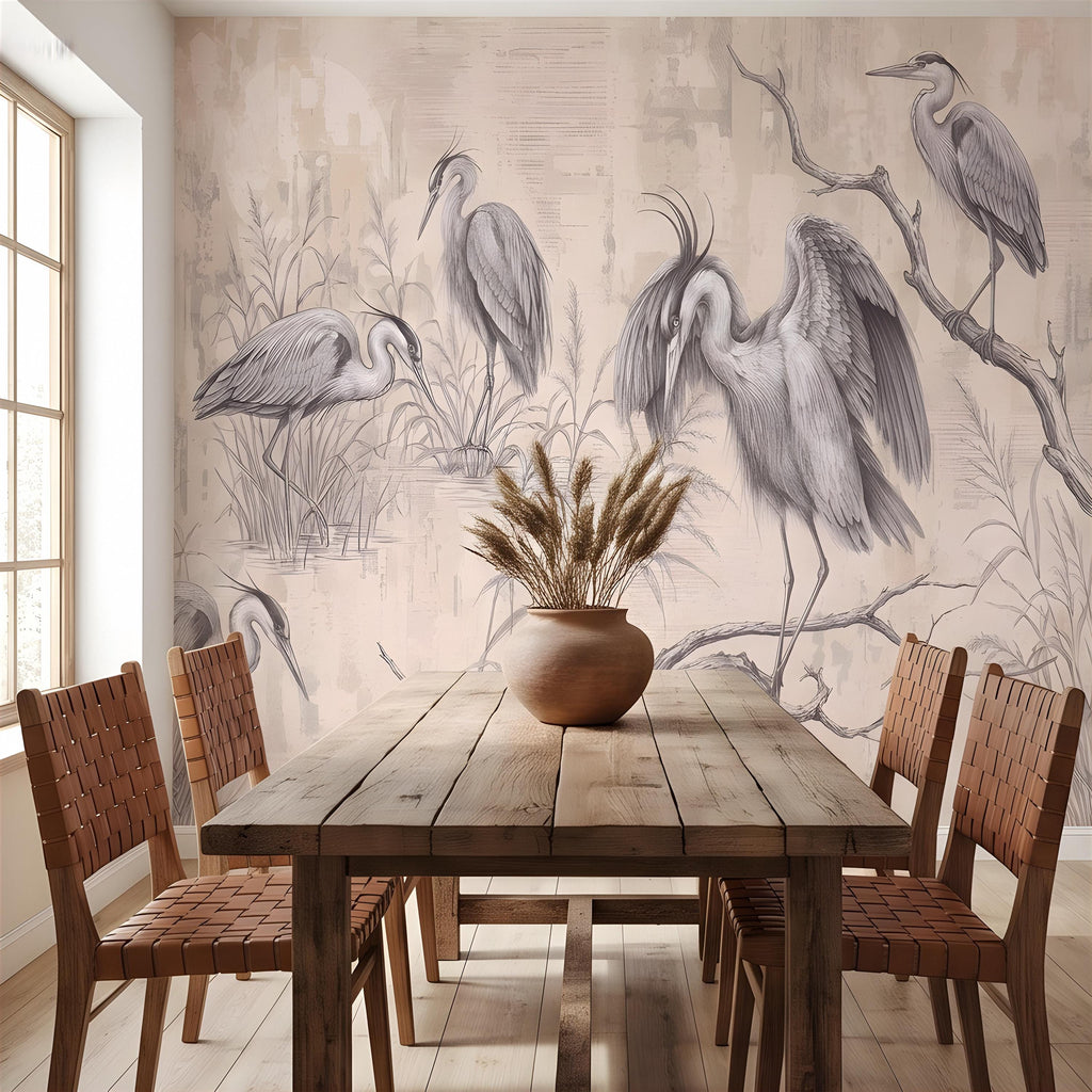Vintage Heron Peel and Stick Wall Mural, Antique Marsh Waterbirds Coastal Wetland Scene Nature Wallpaper