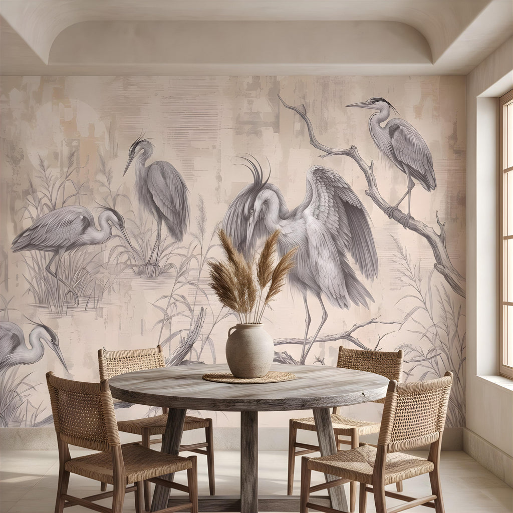Vintage Heron Peel and Stick Wall Mural, Antique Marsh Waterbirds Coastal Wetland Scene Nature Wallpaper