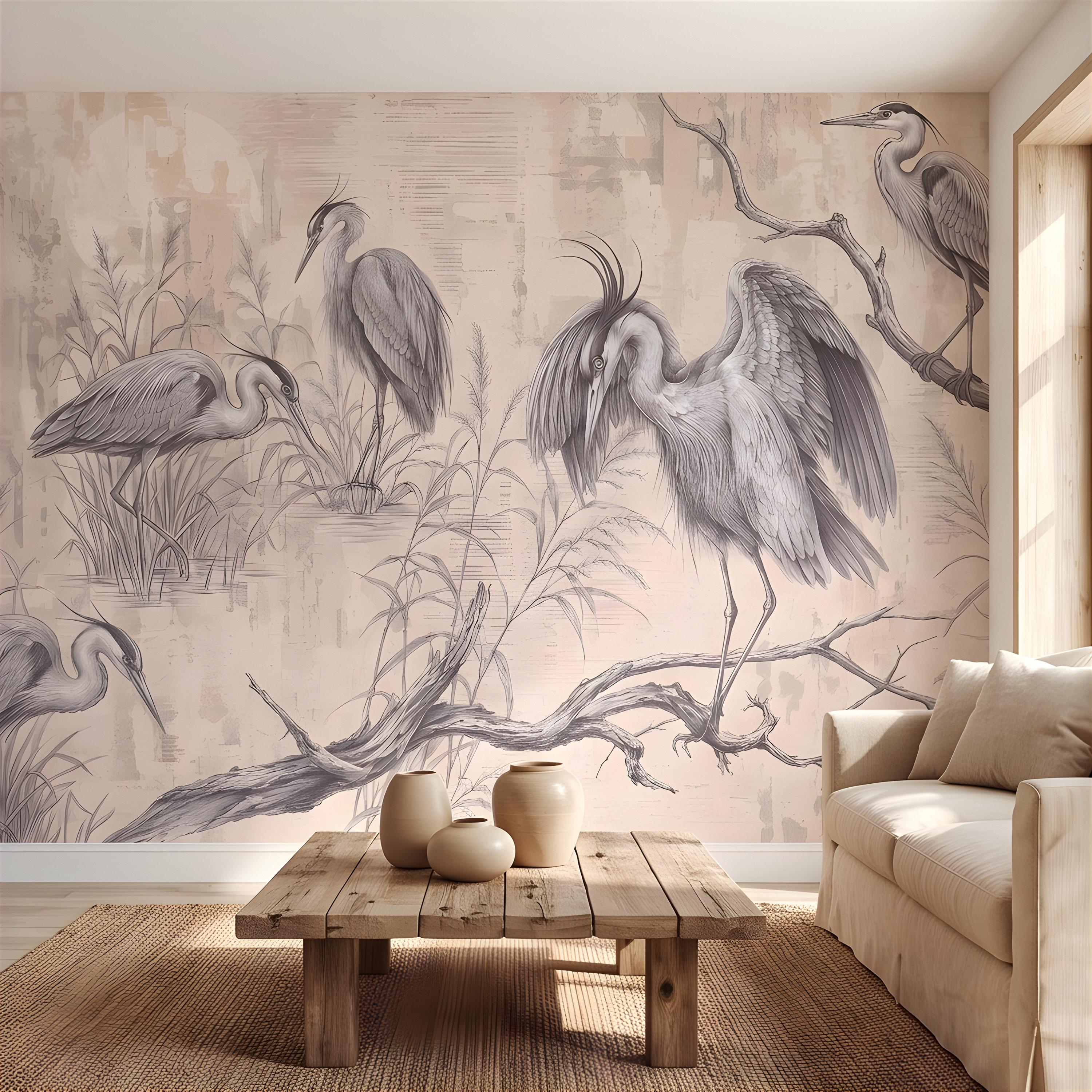 Vintage Heron Peel and Stick Wall Mural, Antique Marsh Waterbirds Coastal Wetland Scene Nature Wallpaper