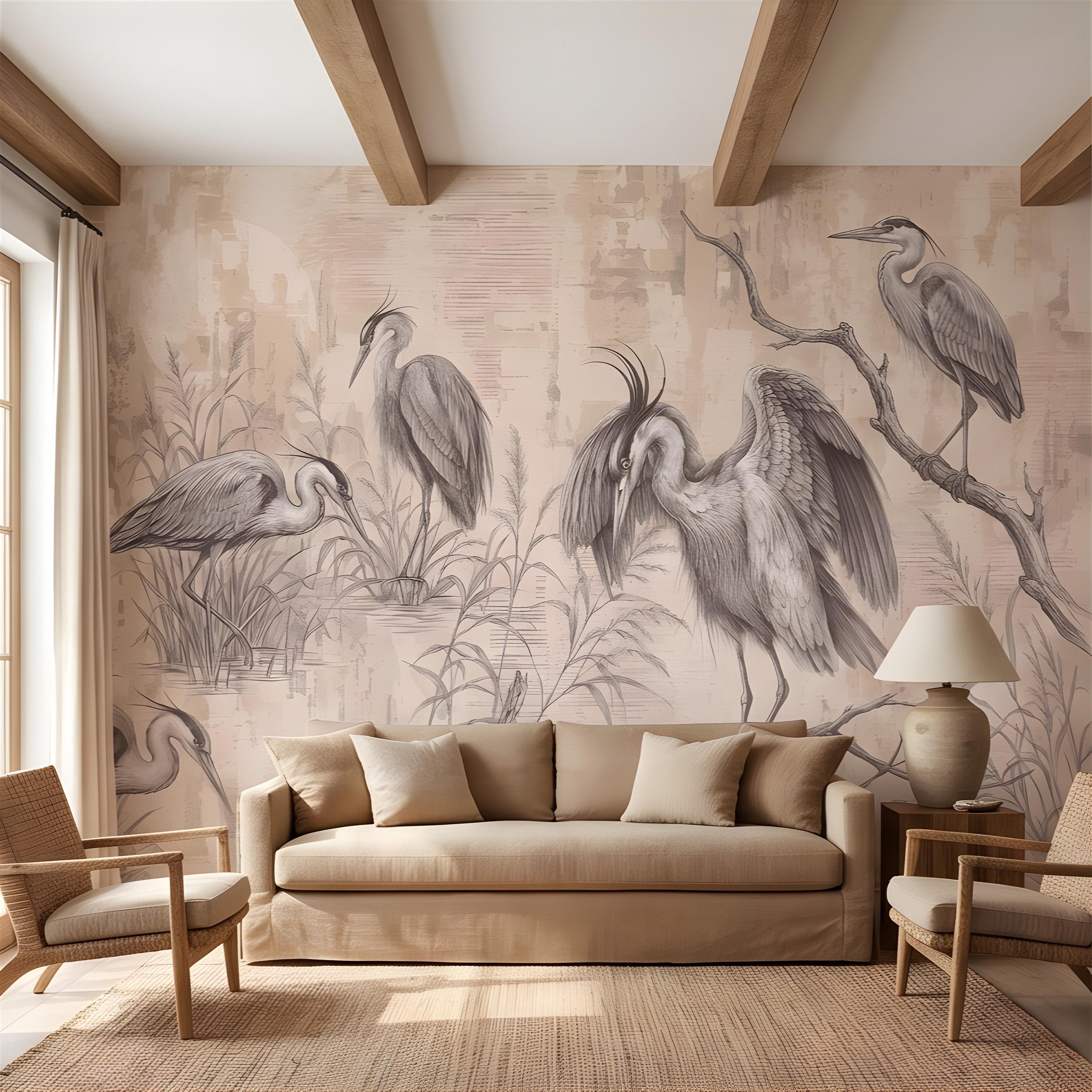 Vintage Heron Peel and Stick Wall Mural, Antique Marsh Waterbirds Coastal Wetland Scene Nature Wallpaper