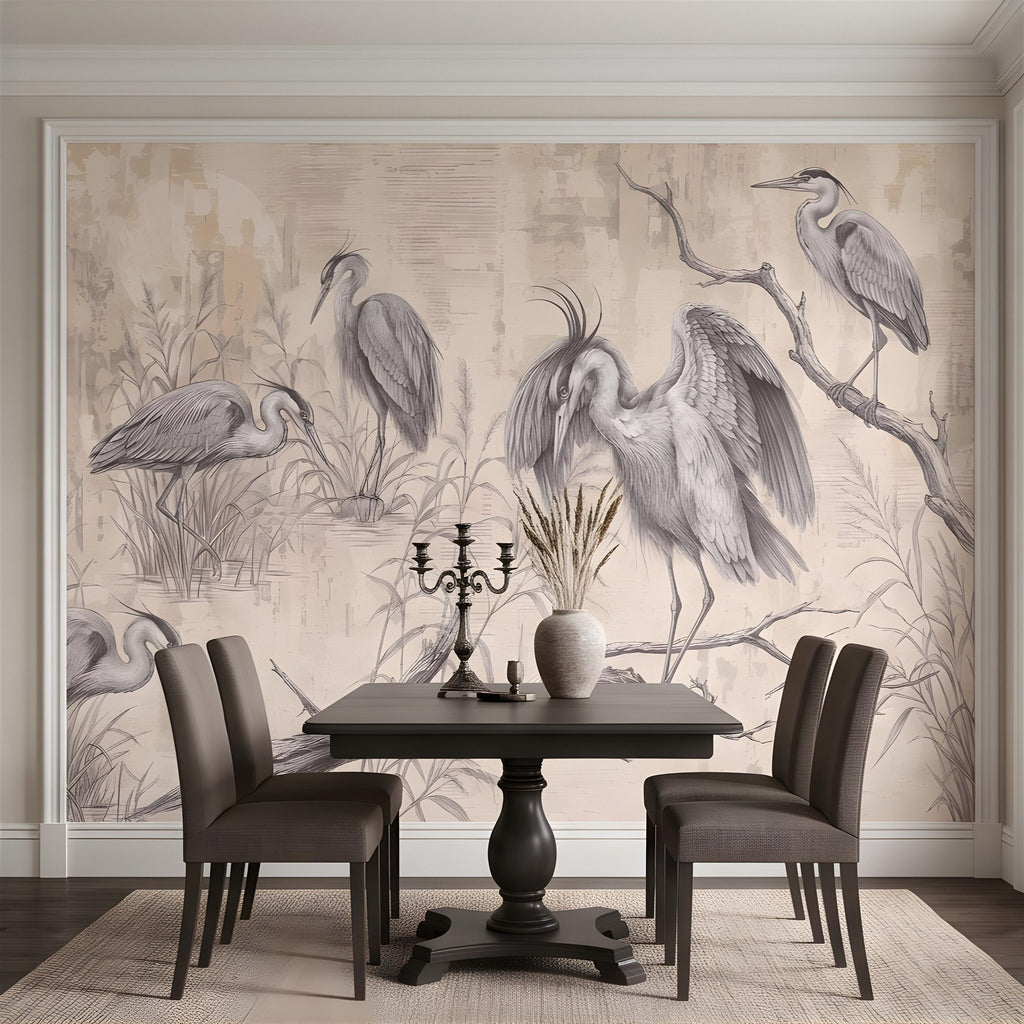 Vintage Heron Peel and Stick Wall Mural, Antique Marsh Waterbirds Coastal Wetland Scene Nature Wallpaper