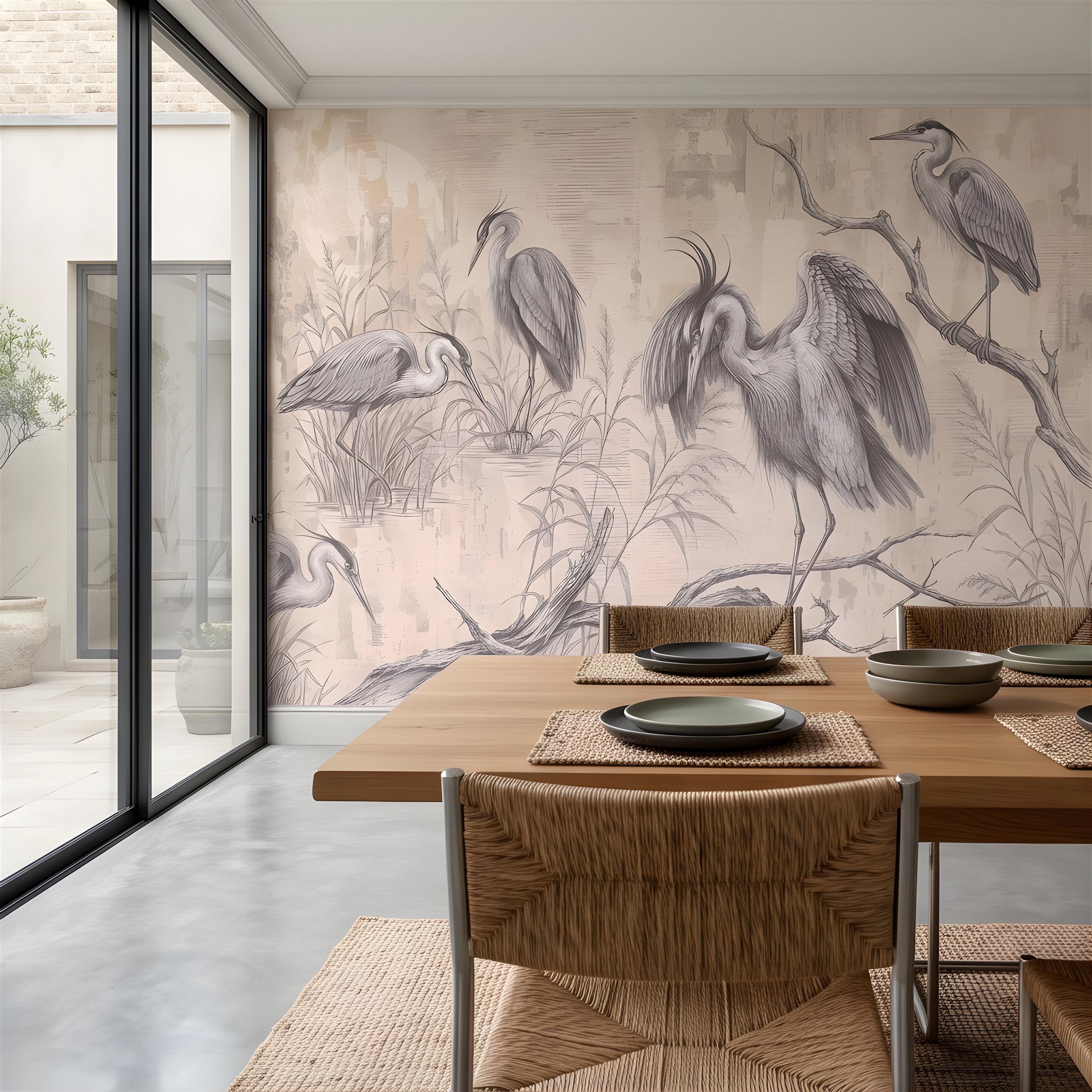 Vintage Heron Peel and Stick Wall Mural, Antique Marsh Waterbirds Coastal Wetland Scene Nature Wallpaper