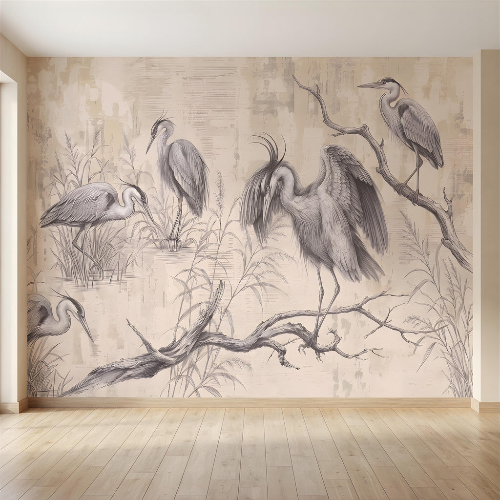 Vintage Heron Peel and Stick Wall Mural, Antique Marsh Waterbirds Coastal Wetland Scene Nature Wallpaper
