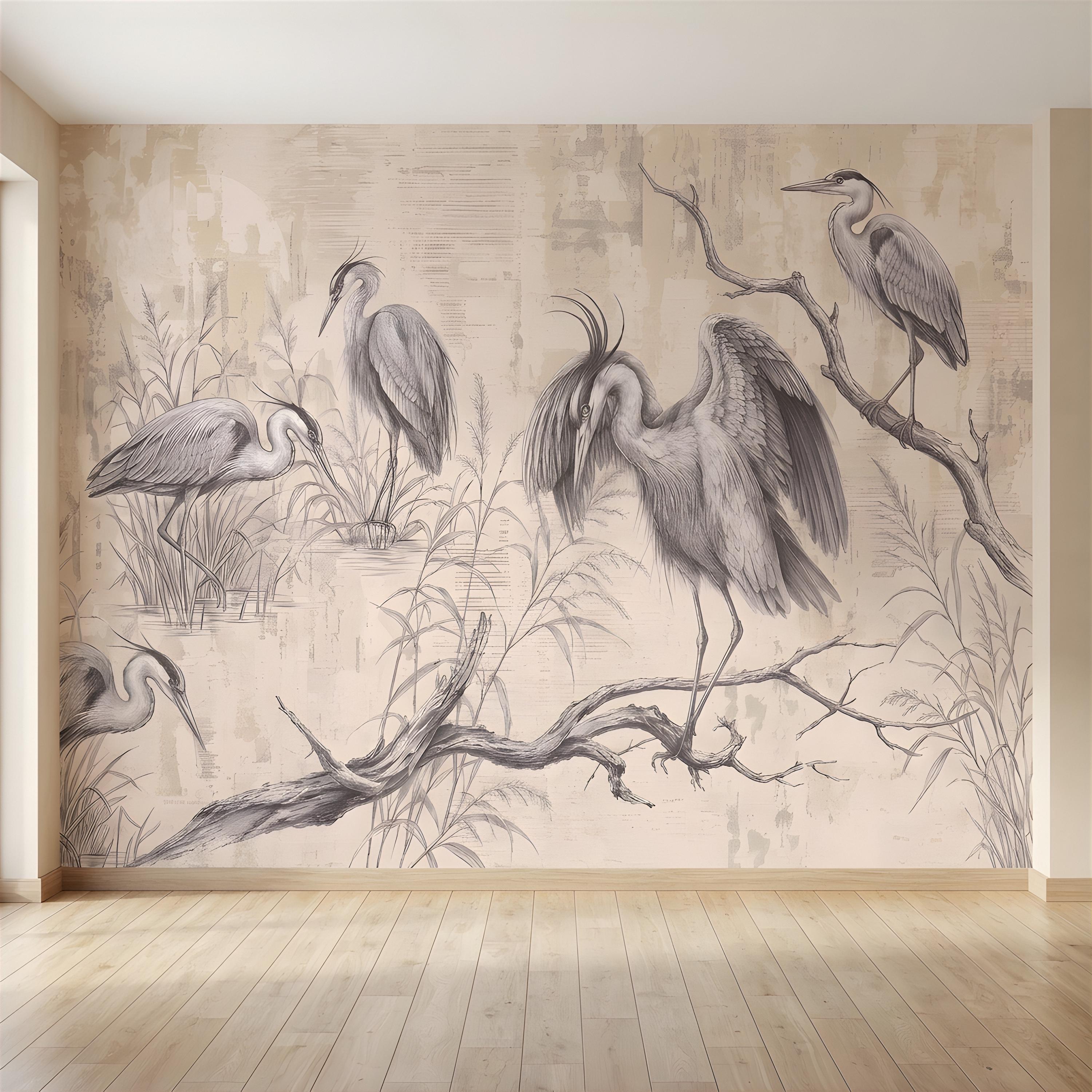 Vintage Heron Peel and Stick Wall Mural, Antique Marsh Waterbirds Coastal Wetland Scene Nature Wallpaper