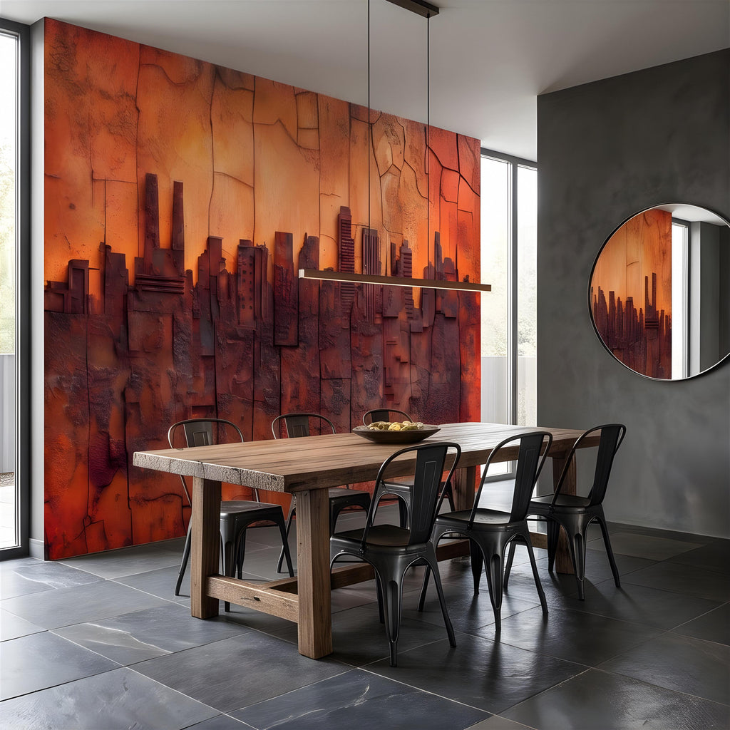 3D Abstract City Skyline Peel and Stick Wall Mural, Industrial Textured Relief, Urban Architectural Silhouette Contemporary Wallpaper