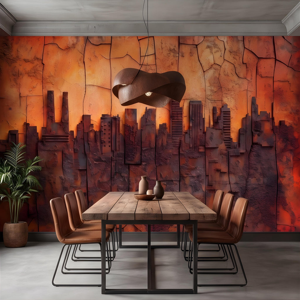 3D Abstract City Skyline Peel and Stick Wall Mural, Industrial Textured Relief, Urban Architectural Silhouette Contemporary Wallpaper