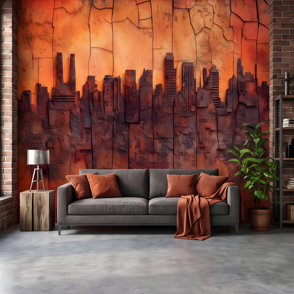 3D Abstract City Skyline Peel and Stick Wall Mural, Industrial Textured Relief, Urban Architectural Silhouette Contemporary Wallpaper