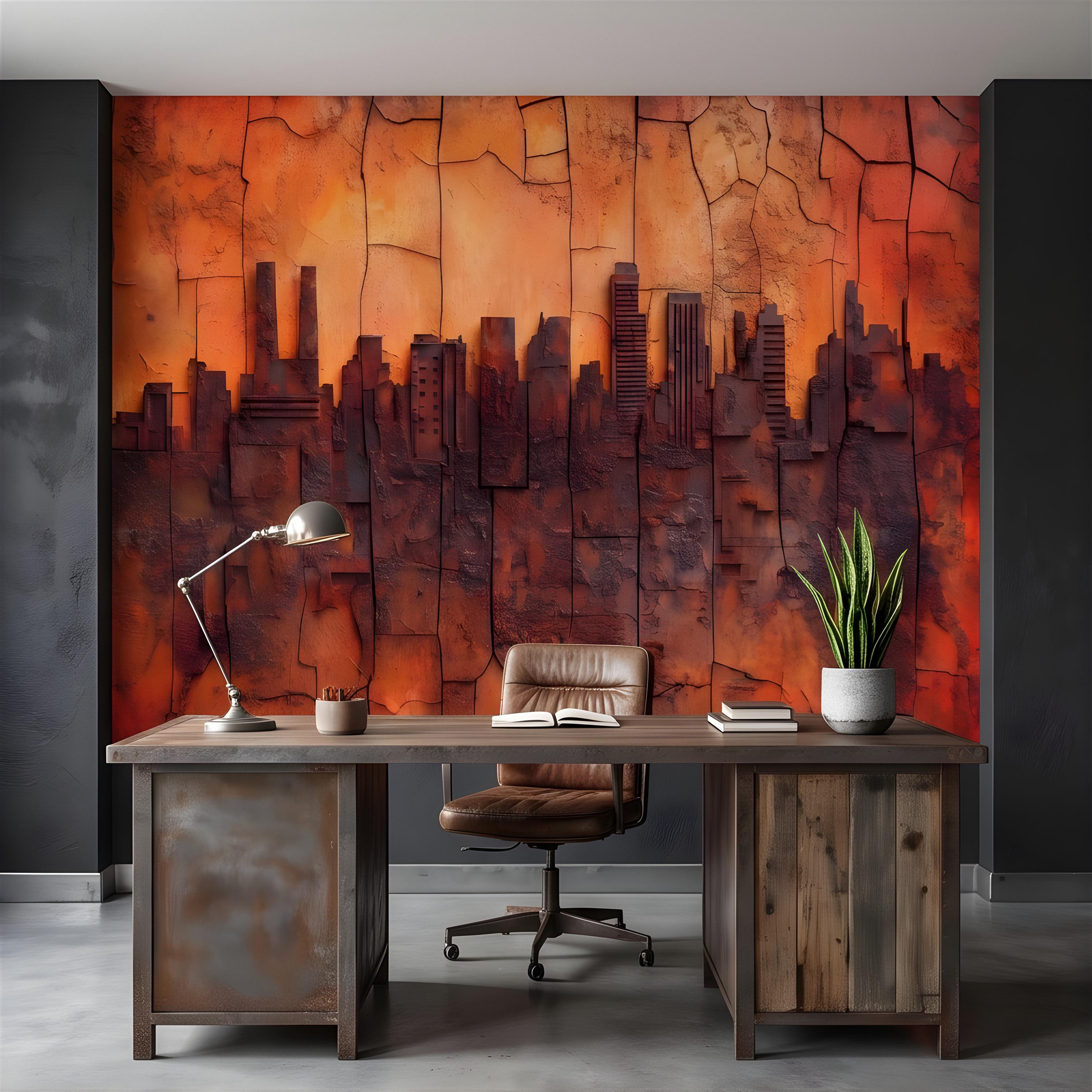 3D Abstract City Skyline Peel and Stick Wall Mural, Industrial Textured Relief, Urban Architectural Silhouette Contemporary Wallpaper
