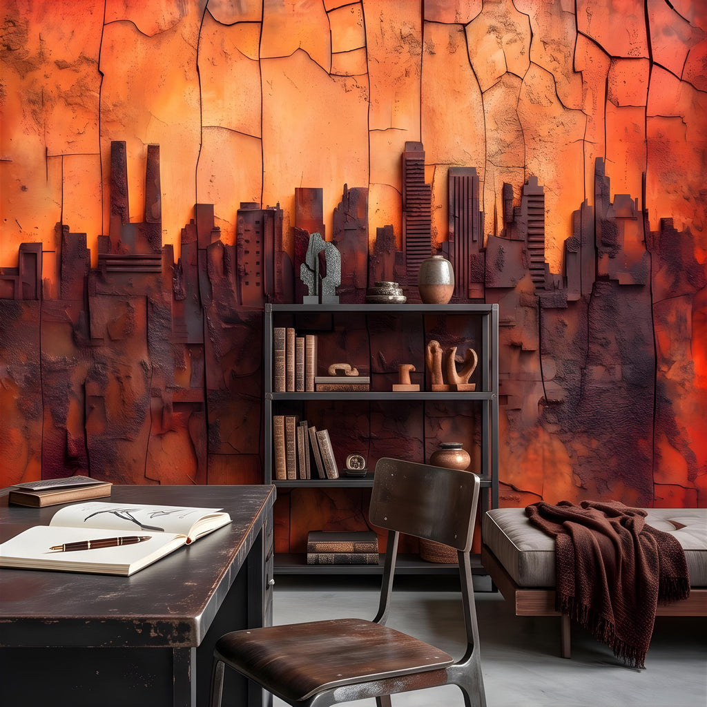 3D Abstract City Skyline Peel and Stick Wall Mural, Industrial Textured Relief, Urban Architectural Silhouette Contemporary Wallpaper