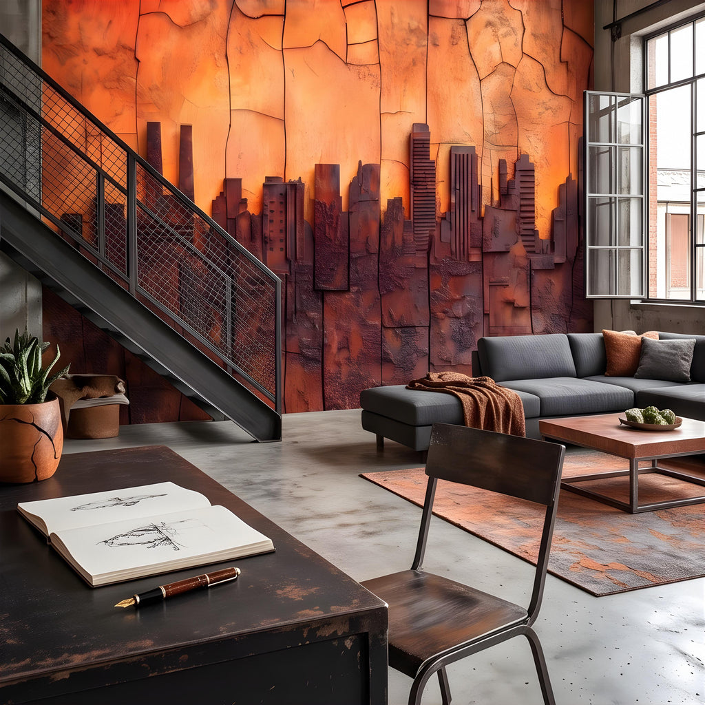 3D Abstract City Skyline Peel and Stick Wall Mural, Industrial Textured Relief, Urban Architectural Silhouette Contemporary Wallpaper