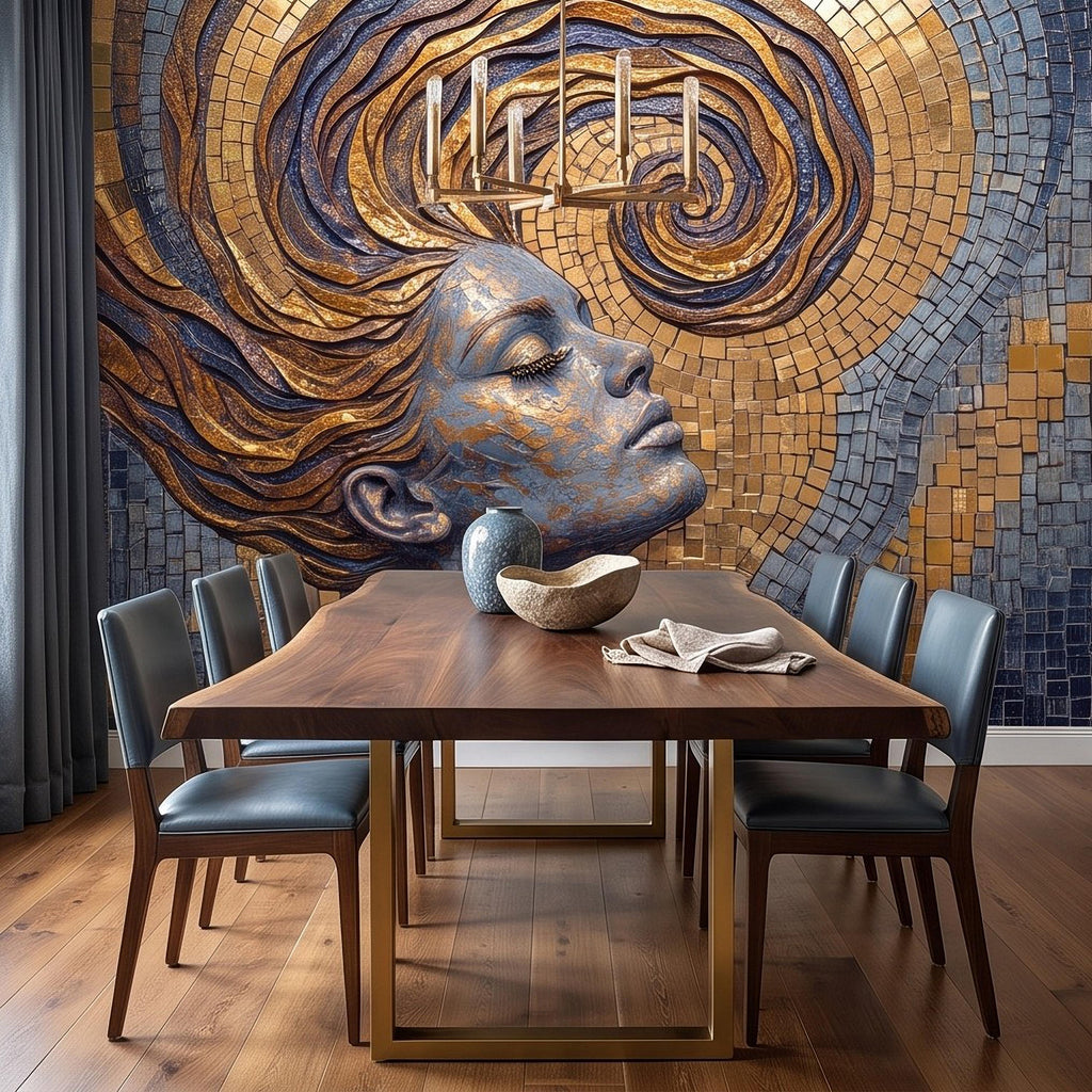 Art Nouveau Woman Peel and Stick Wall Mural, Gold Mosaic Portrait, Flowing Hair Design, Decorative Tile Pattern Wallpaper