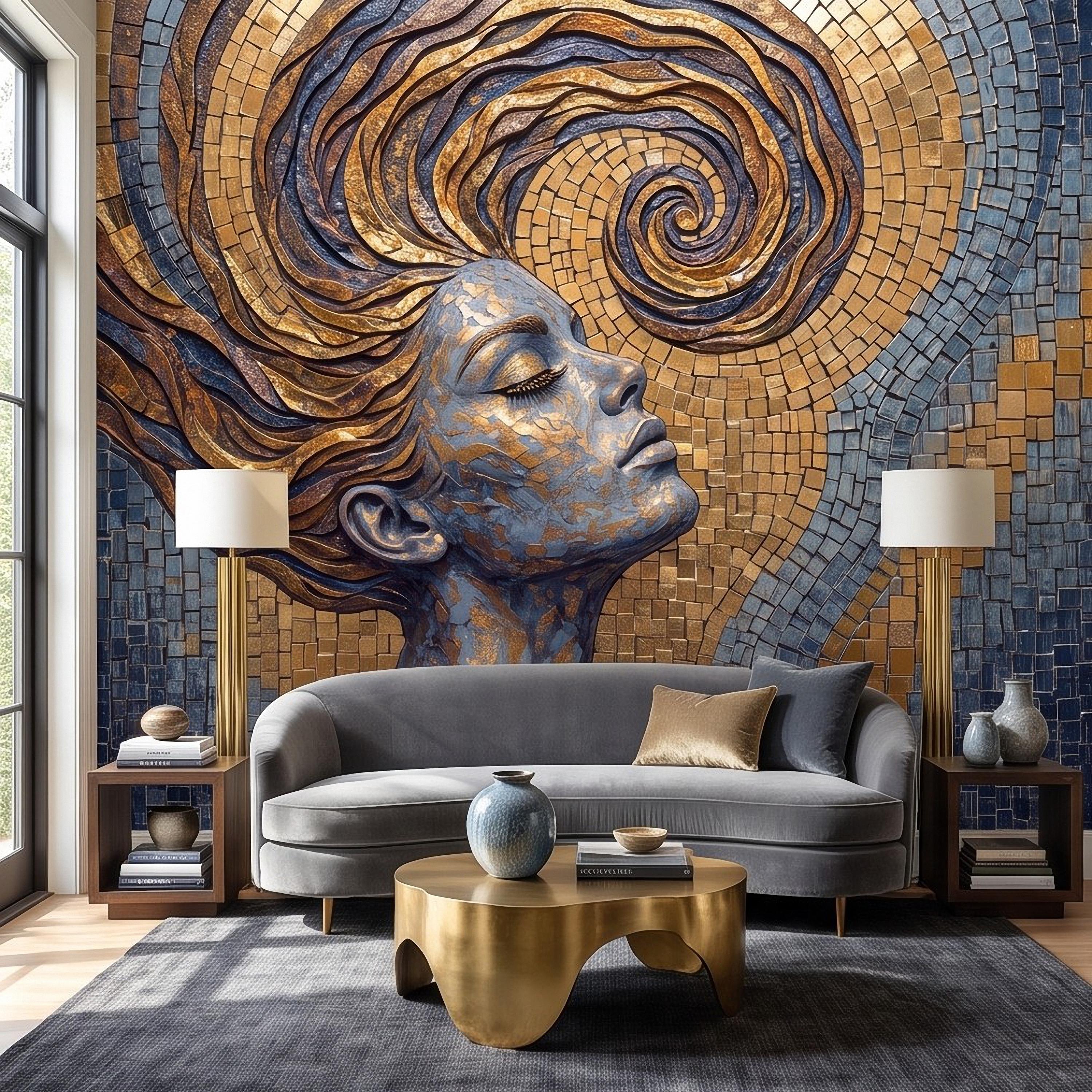 Art Nouveau Woman Peel and Stick Wall Mural, Gold Mosaic Portrait, Flowing Hair Design, Decorative Tile Pattern Wallpaper