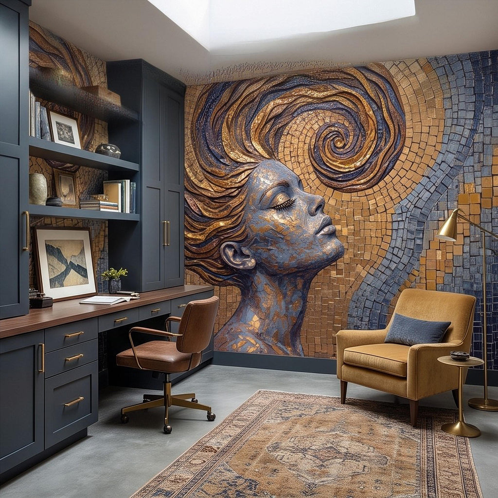 Art Nouveau Woman Peel and Stick Wall Mural, Gold Mosaic Portrait, Flowing Hair Design, Decorative Tile Pattern Wallpaper