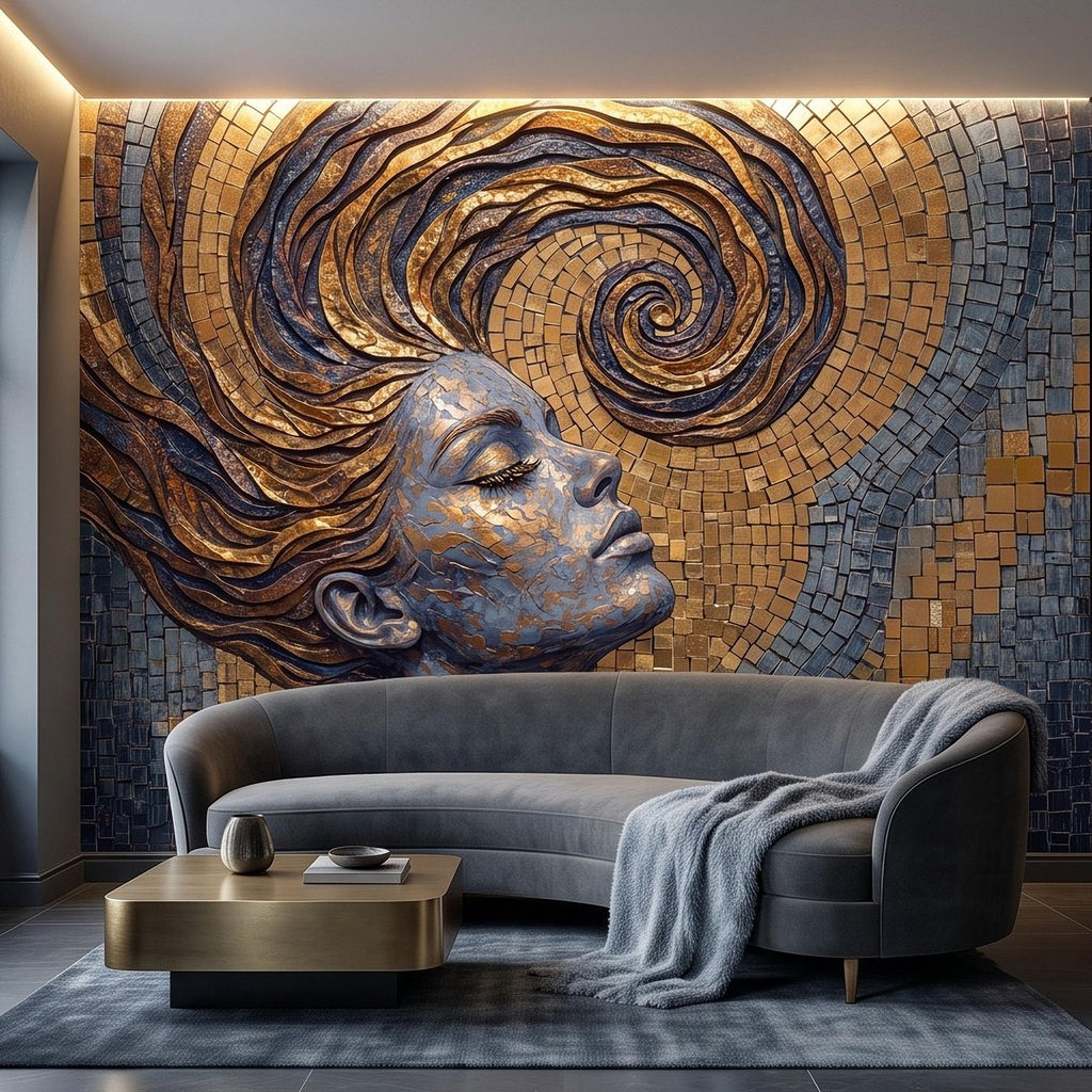Art Nouveau Woman Peel and Stick Wall Mural, Gold Mosaic Portrait, Flowing Hair Design, Decorative Tile Pattern Wallpaper