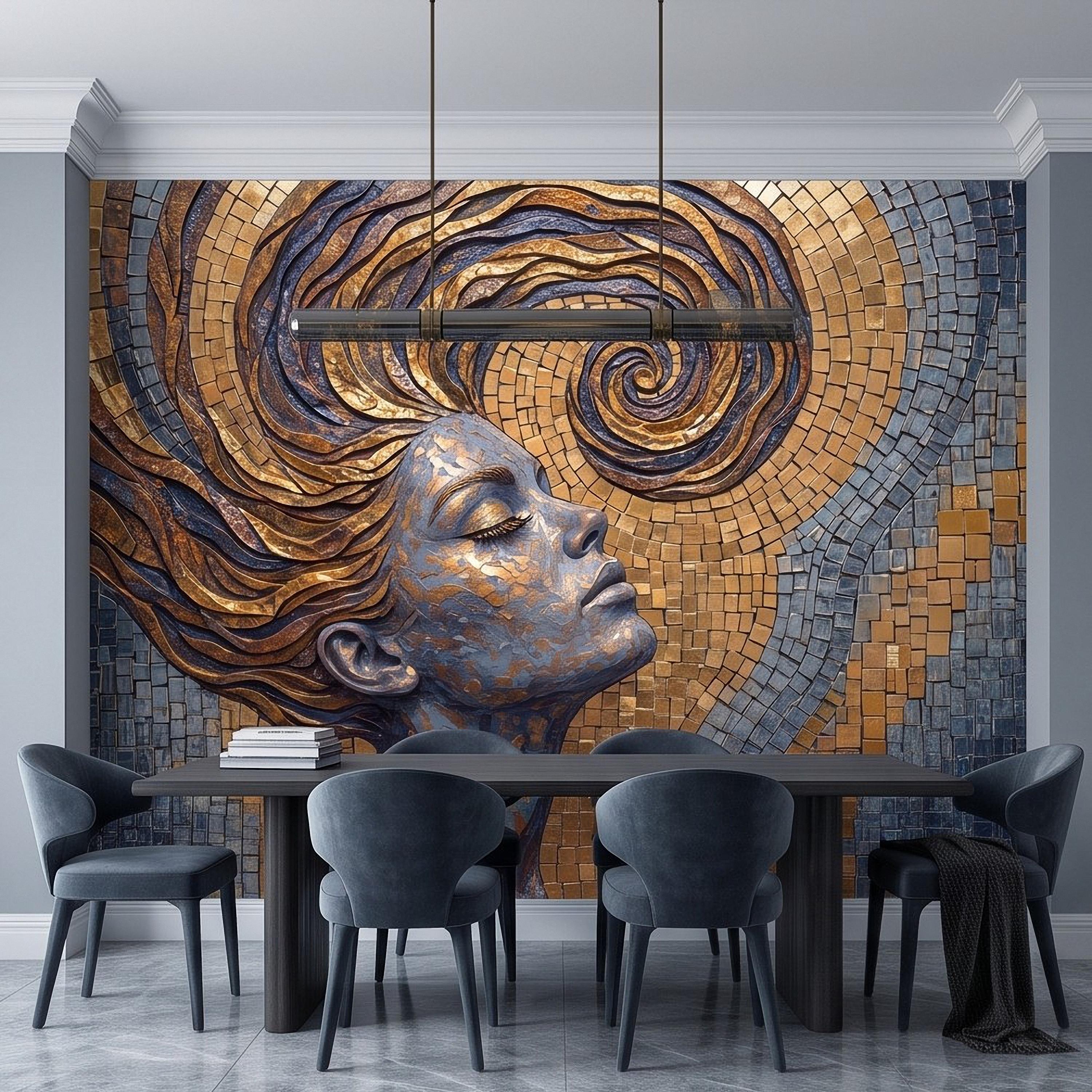 Art Nouveau Woman Peel and Stick Wall Mural, Gold Mosaic Portrait, Flowing Hair Design, Decorative Tile Pattern Wallpaper