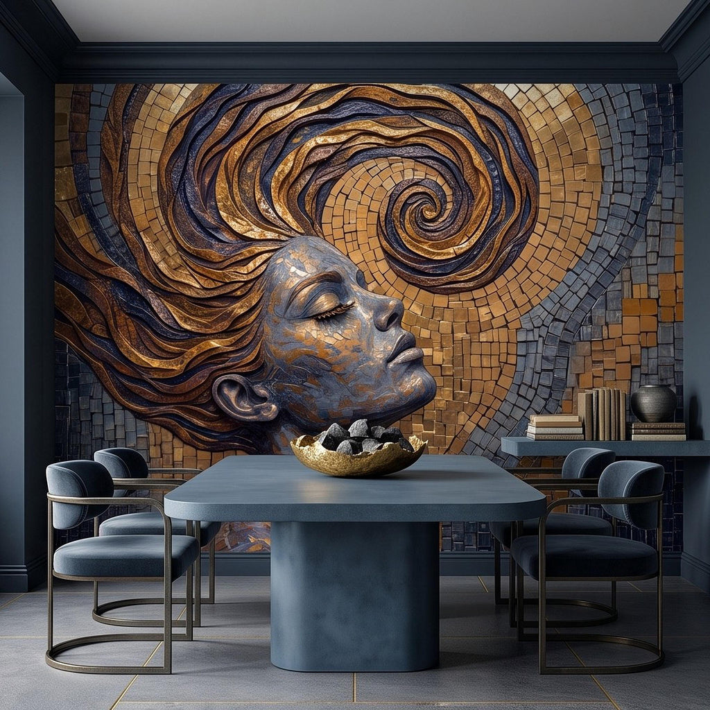Art Nouveau Woman Peel and Stick Wall Mural, Gold Mosaic Portrait, Flowing Hair Design, Decorative Tile Pattern Wallpaper