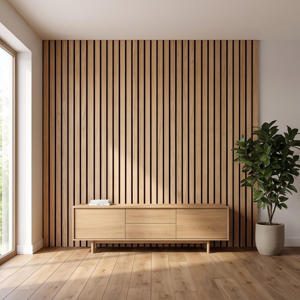 Vertical Faux Wood Slat Panel Peel and Stick Wall Mural, Natural Oak Texture, Scandinavian Wall Panel, Modern Slat Wallpaper