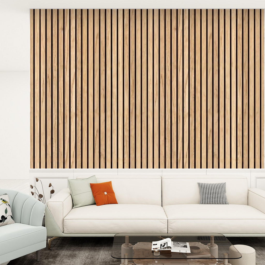 Vertical Faux Wood Slat Panel Peel and Stick Wall Mural, Natural Oak Texture, Scandinavian Wall Panel, Modern Slat Wallpaper