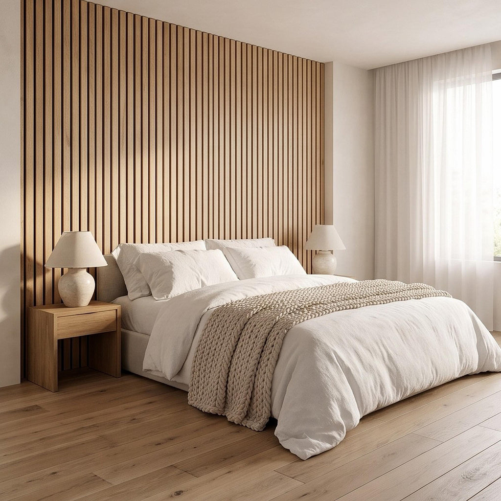 Vertical Faux Wood Slat Panel Peel and Stick Wall Mural, Natural Oak Texture, Scandinavian Wall Panel, Modern Slat Wallpaper