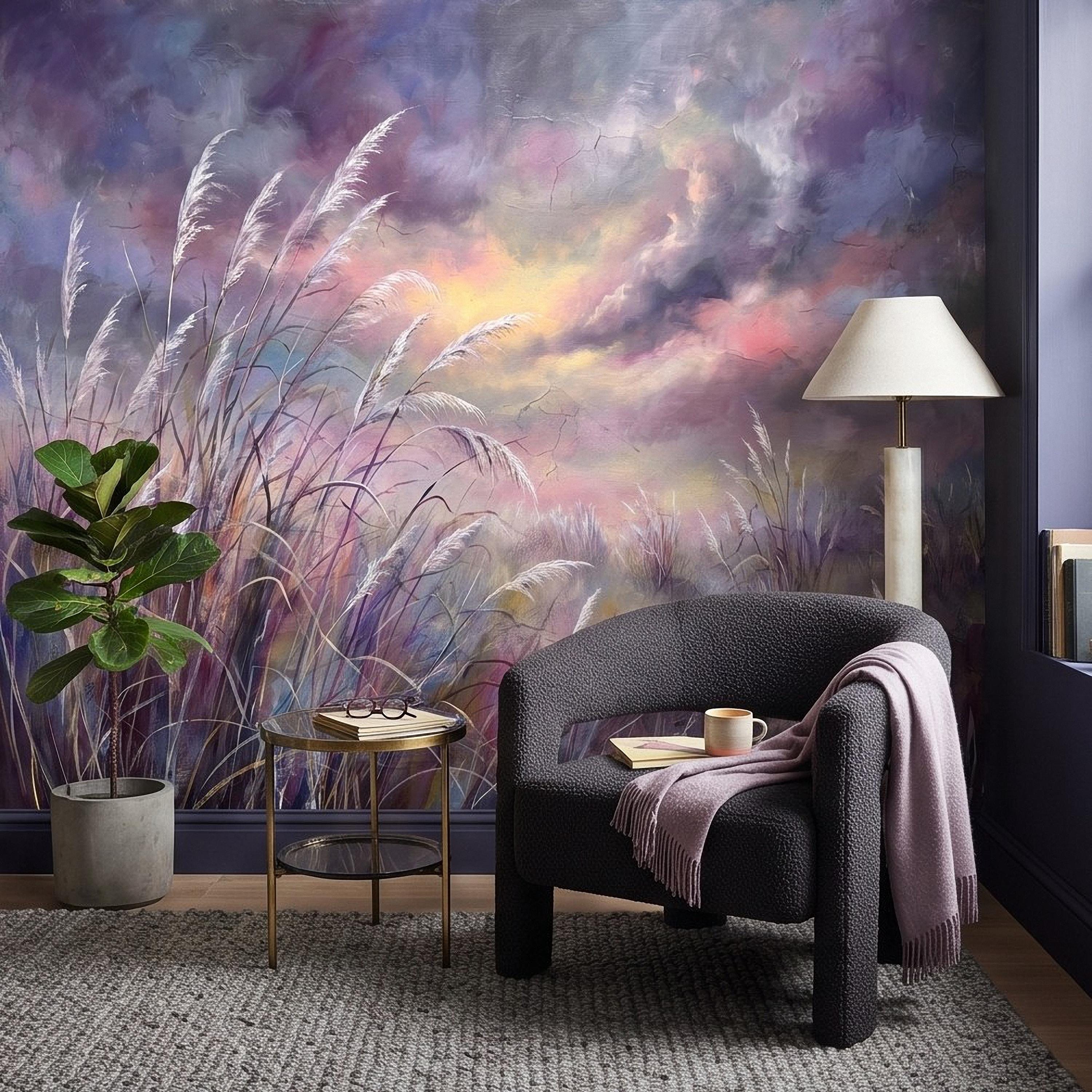 Pampas Grass Peel and Stick Wall Mural, Painterly Sunset Meadow, Dreamy Wild Reed Field, Impressionist Nature Wallpaper