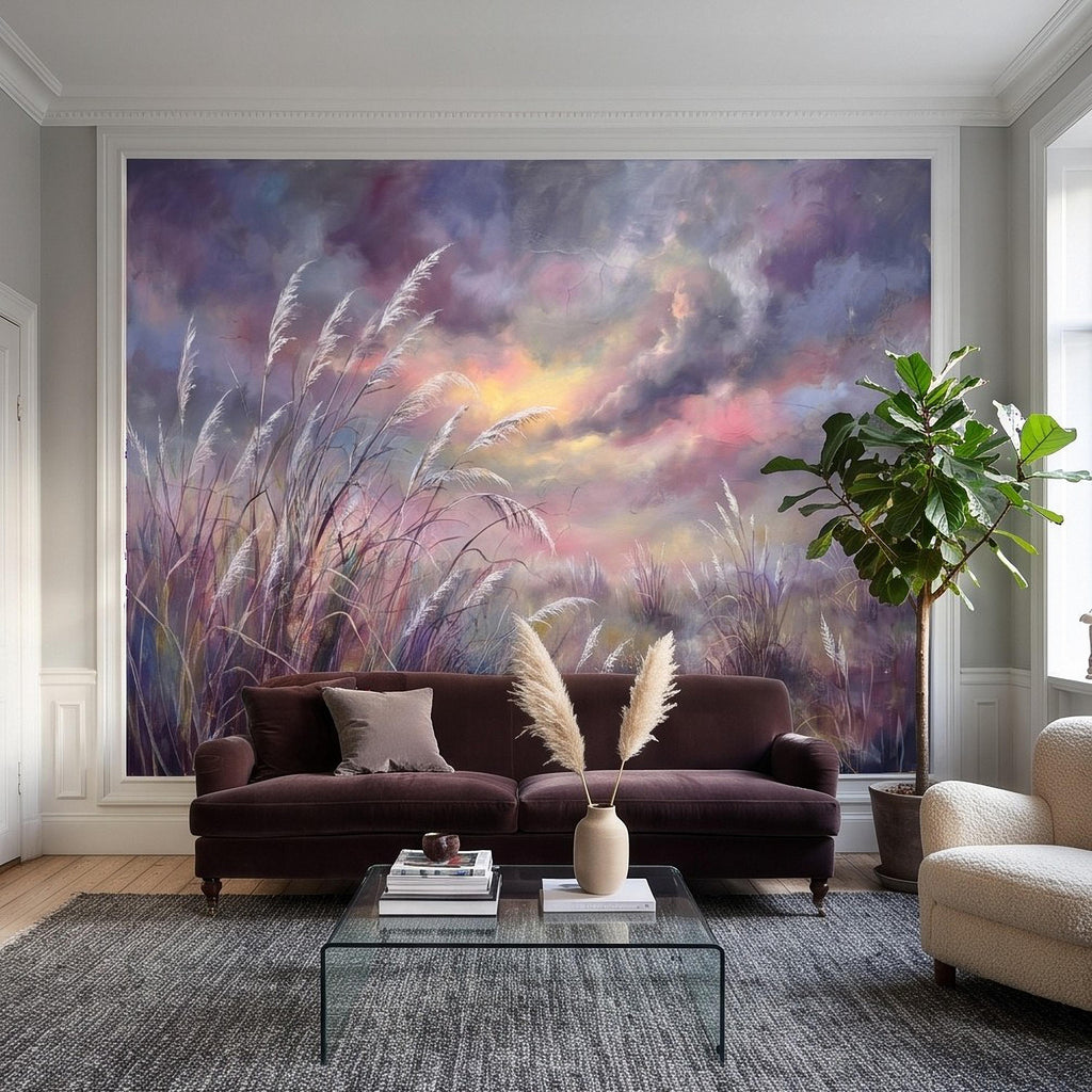 Pampas Grass Peel and Stick Wall Mural, Painterly Sunset Meadow, Dreamy Wild Reed Field, Impressionist Nature Wallpaper