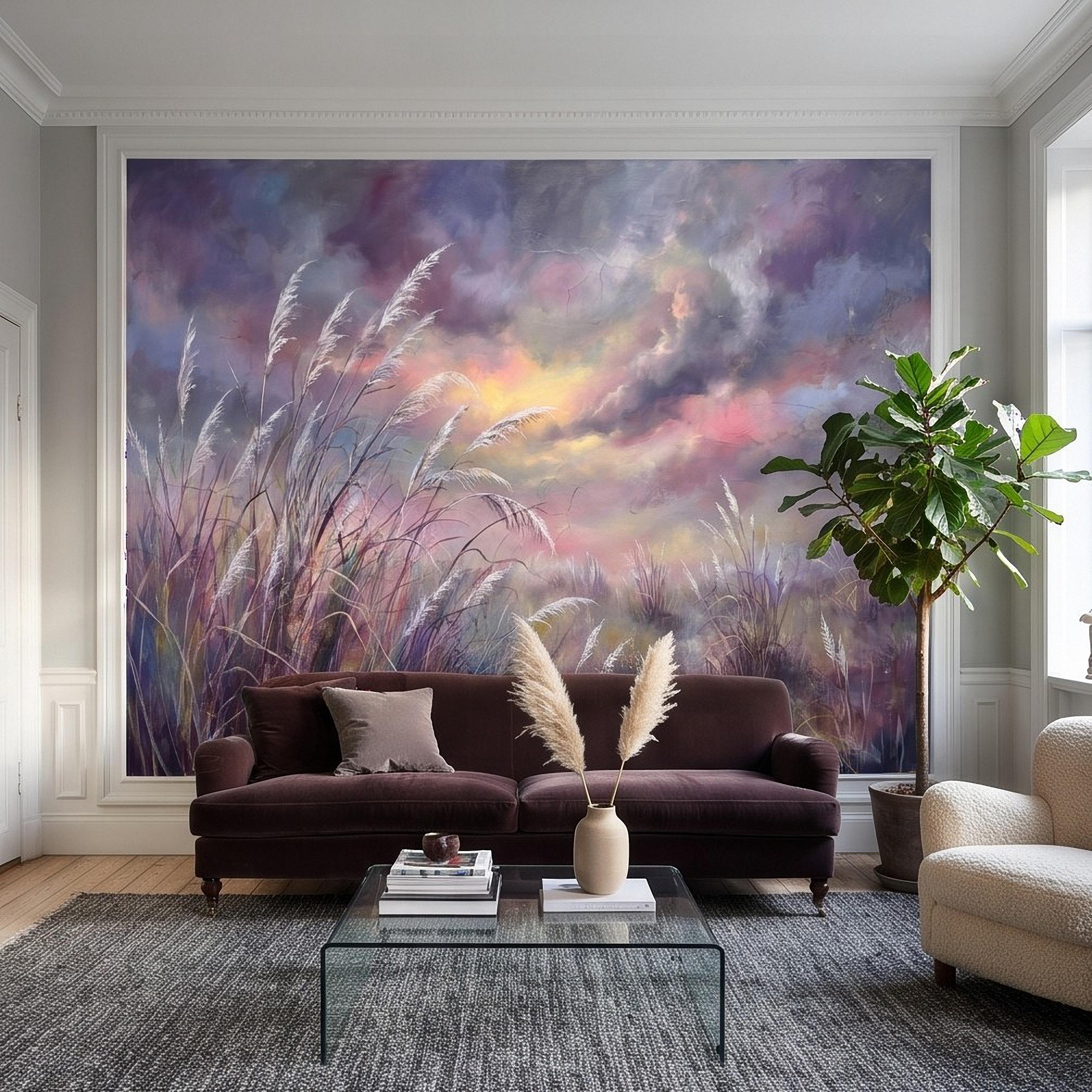 Pampas Grass Peel and Stick Wall Mural, Painterly Sunset Meadow, Dreamy Wild Reed Field, Impressionist Nature Wallpaper