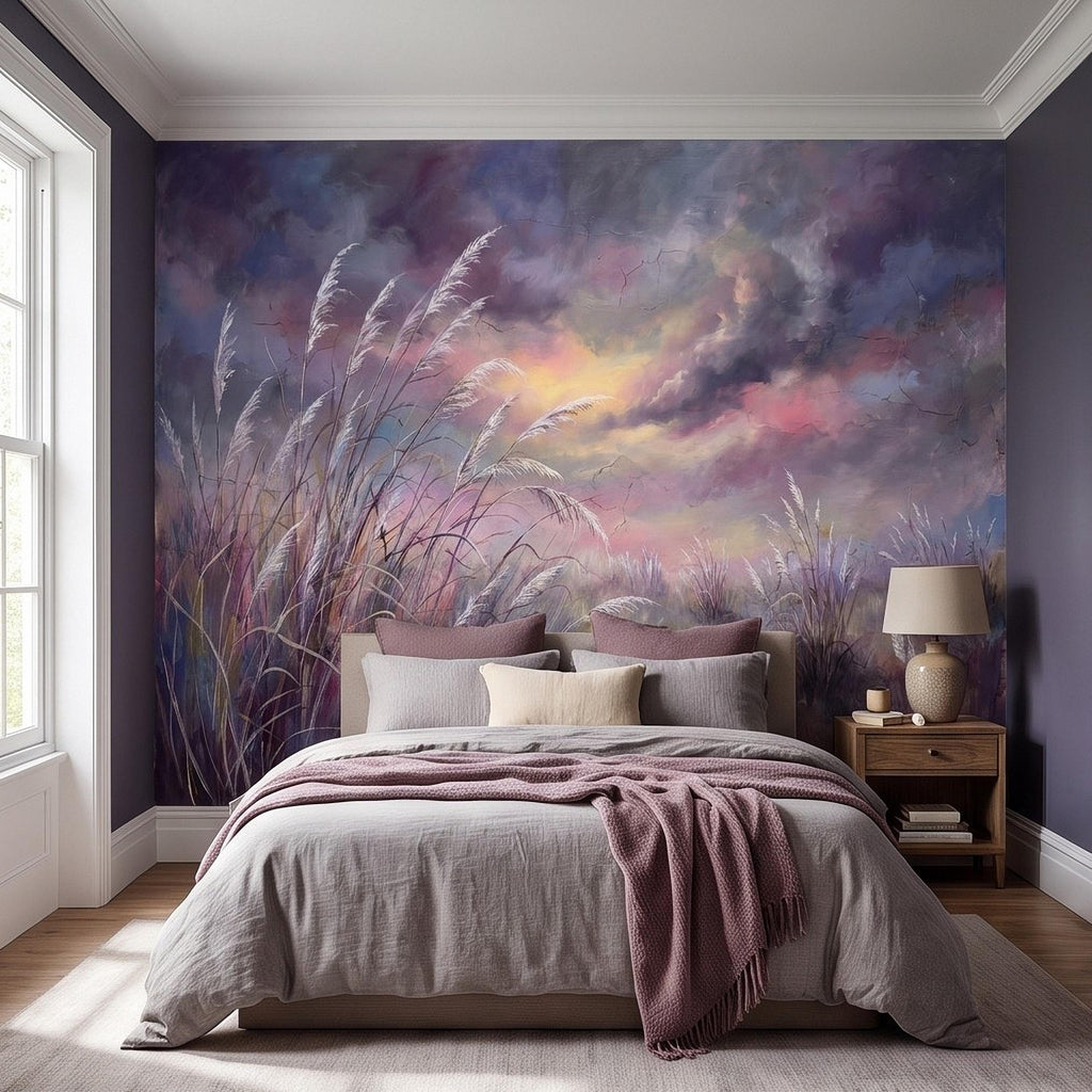 Pampas Grass Peel and Stick Wall Mural, Painterly Sunset Meadow, Dreamy Wild Reed Field, Impressionist Nature Wallpaper