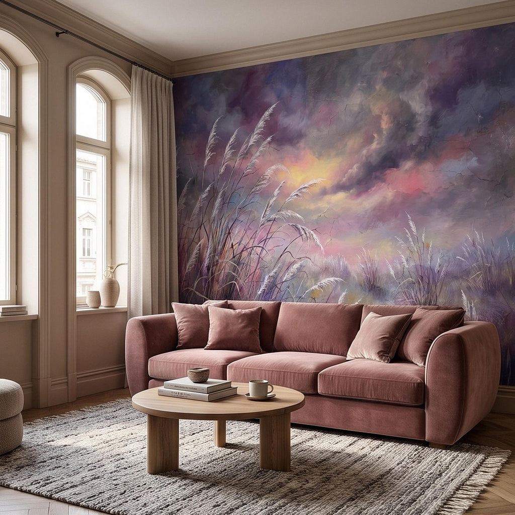 Pampas Grass Peel and Stick Wall Mural, Painterly Sunset Meadow, Dreamy Wild Reed Field, Impressionist Nature Wallpaper