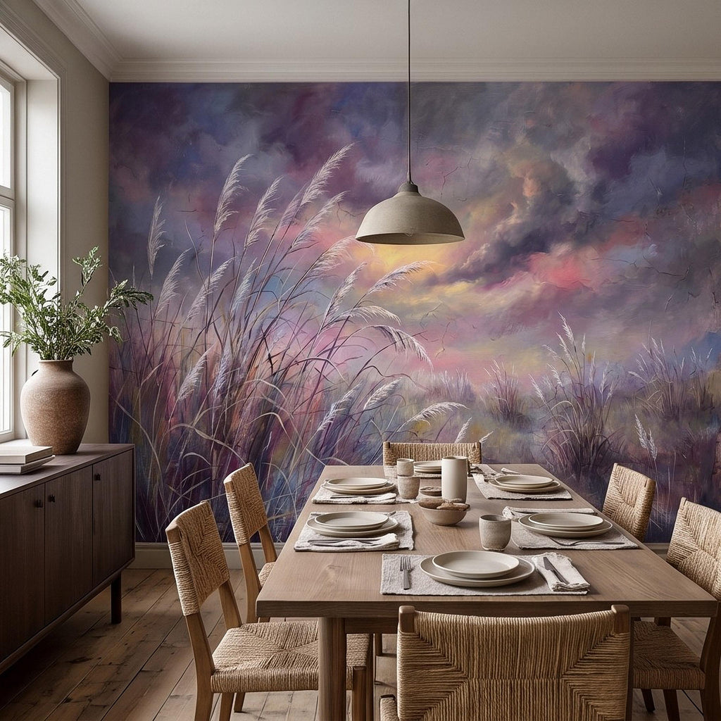 Pampas Grass Peel and Stick Wall Mural, Painterly Sunset Meadow, Dreamy Wild Reed Field, Impressionist Nature Wallpaper