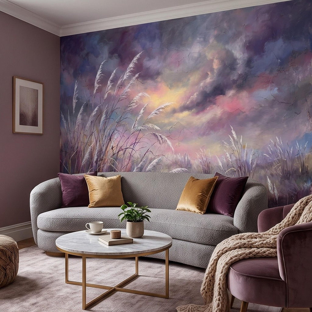 Pampas Grass Peel and Stick Wall Mural, Painterly Sunset Meadow, Dreamy Wild Reed Field, Impressionist Nature Wallpaper