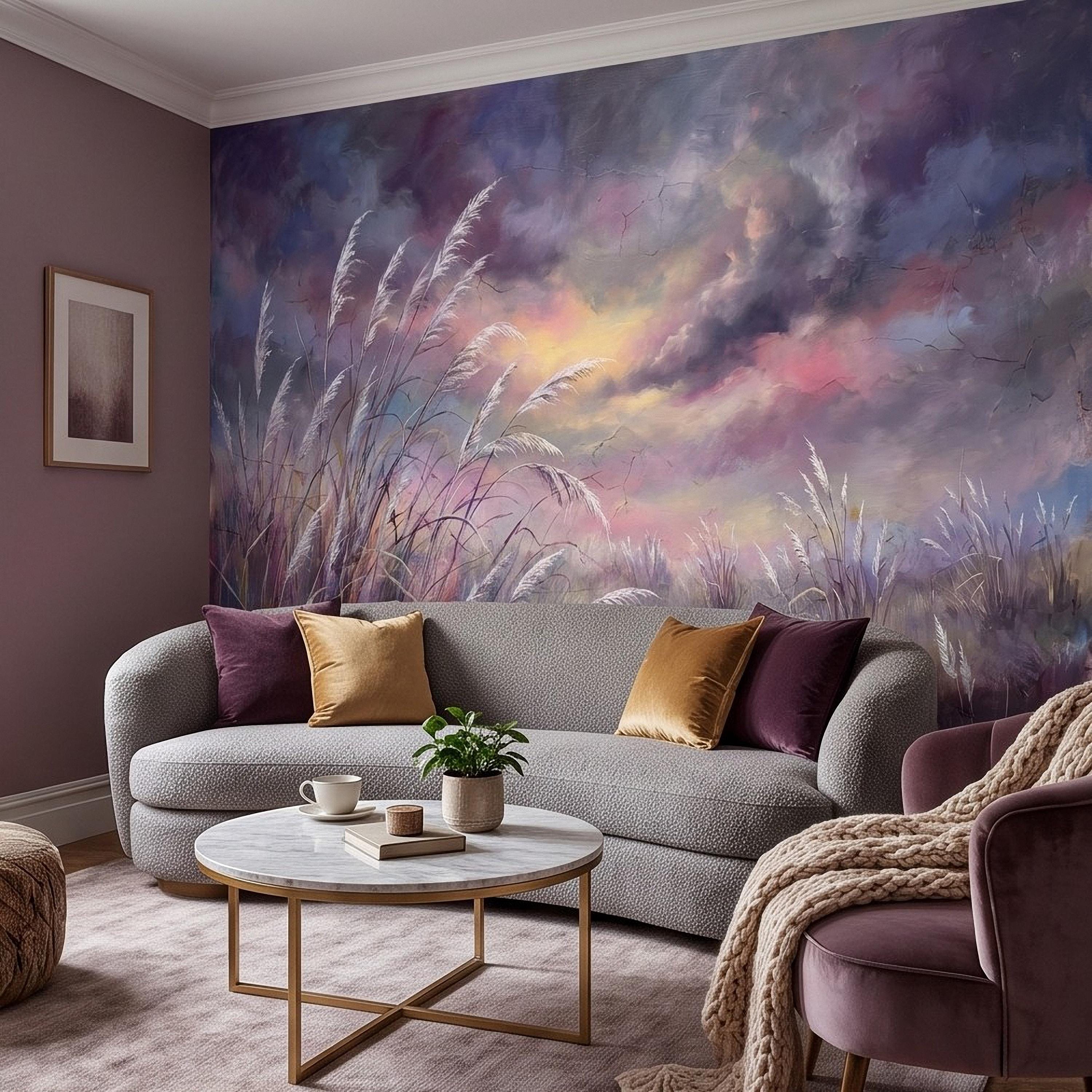 Pampas Grass Peel and Stick Wall Mural, Painterly Sunset Meadow, Dreamy Wild Reed Field, Impressionist Nature Wallpaper