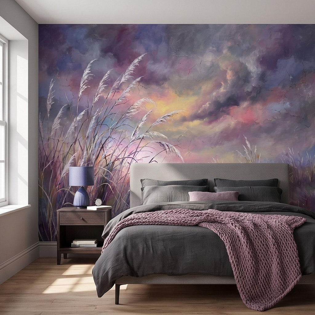 Pampas Grass Peel and Stick Wall Mural, Painterly Sunset Meadow, Dreamy Wild Reed Field, Impressionist Nature Wallpaper