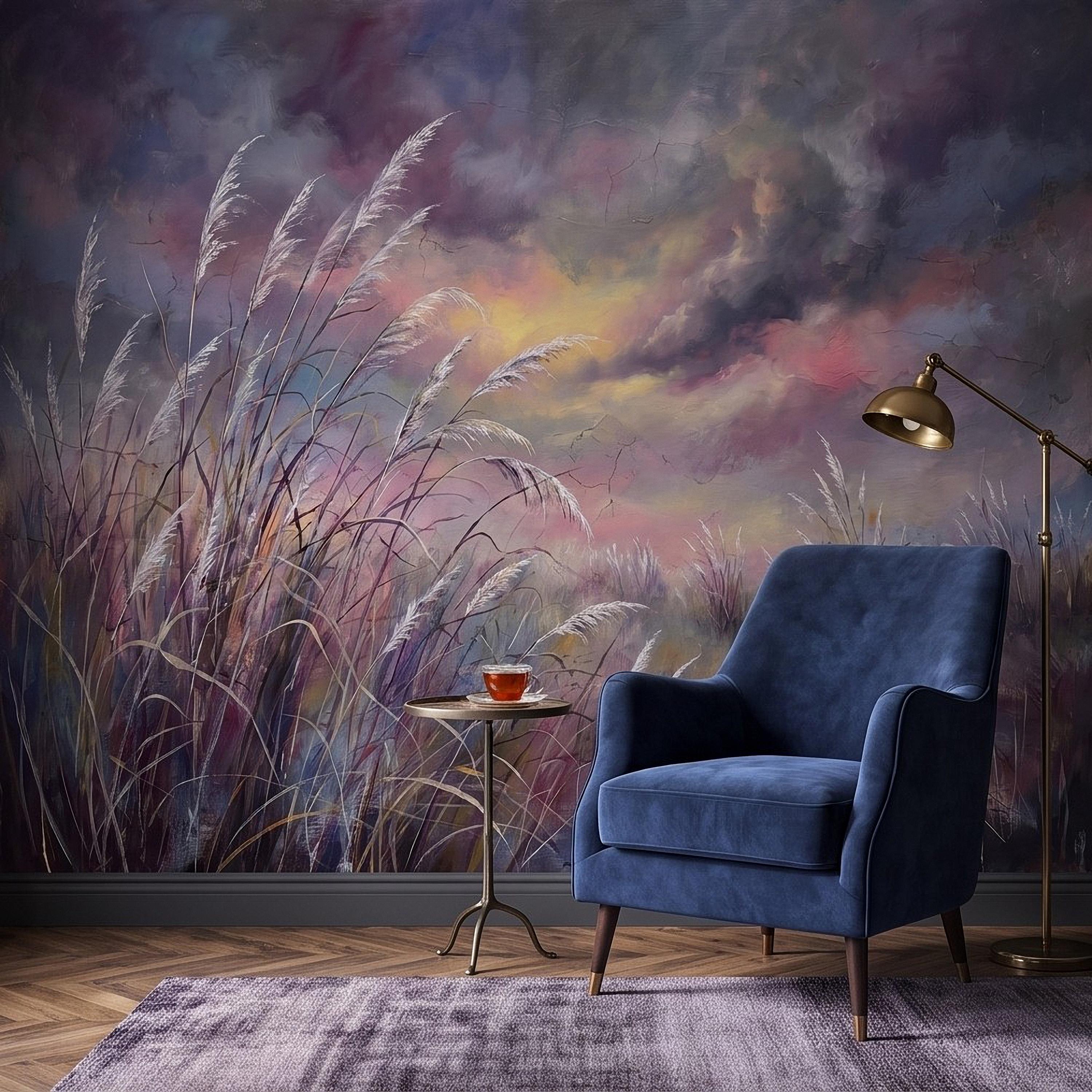 Pampas Grass Peel and Stick Wall Mural, Painterly Sunset Meadow, Dreamy Wild Reed Field, Impressionist Nature Wallpaper