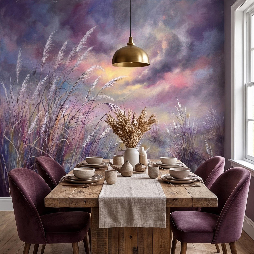 Pampas Grass Peel and Stick Wall Mural, Painterly Sunset Meadow, Dreamy Wild Reed Field, Impressionist Nature Wallpaper