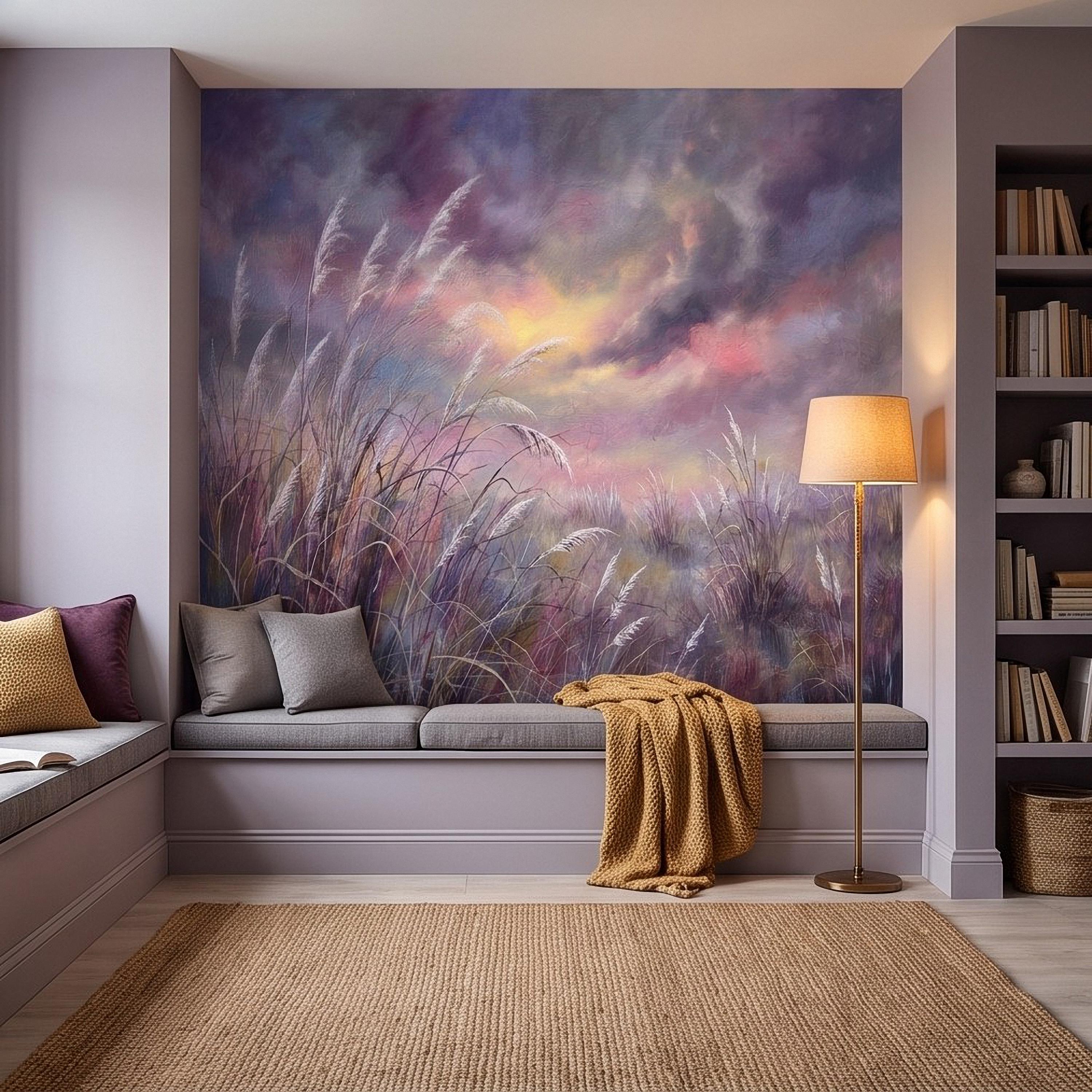Pampas Grass Peel and Stick Wall Mural, Painterly Sunset Meadow, Dreamy Wild Reed Field, Impressionist Nature Wallpaper