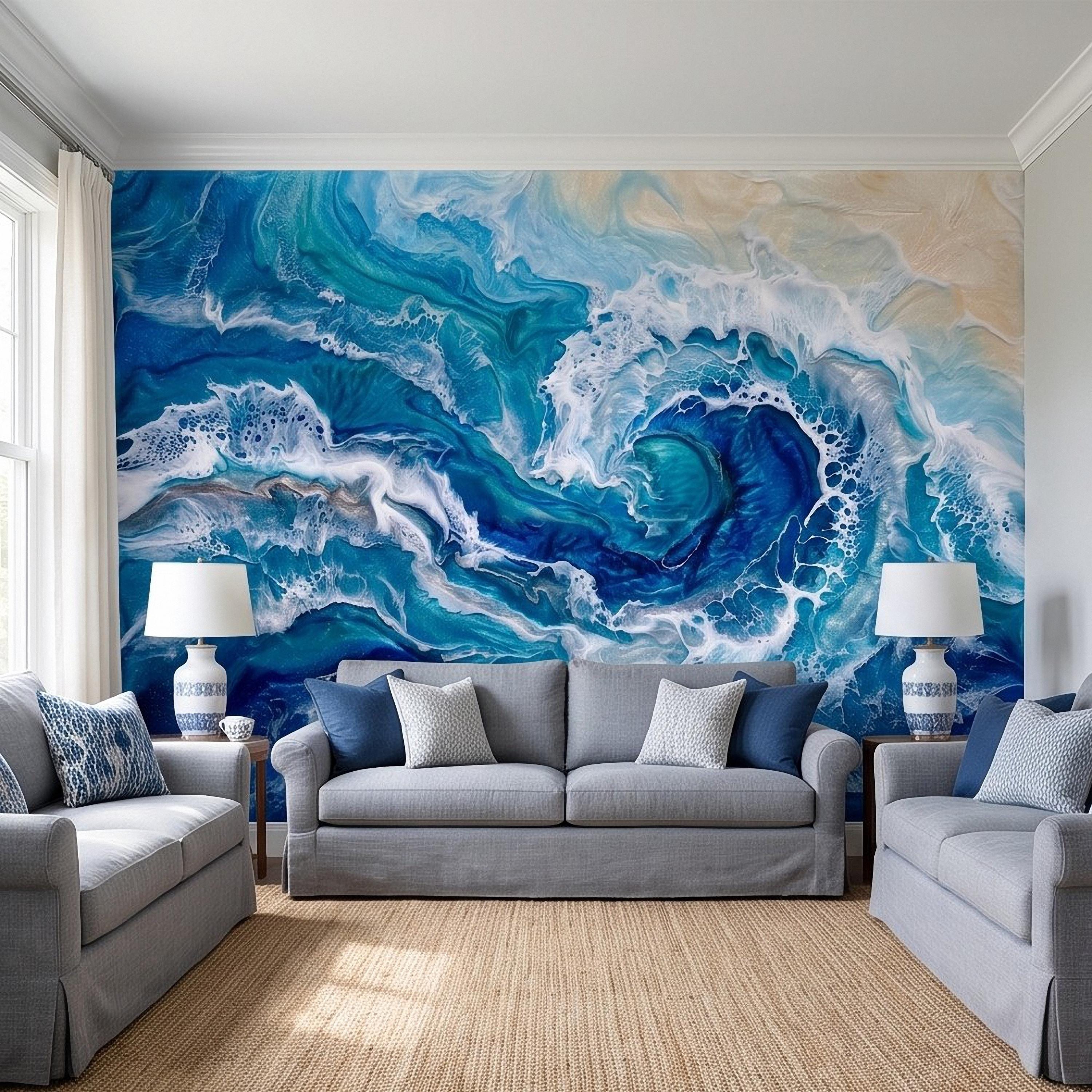 Ocean Wave Peel and Stick Wall Mural, Abstract Resin Seascape, Turquoise Coastal Water, Foaming Sea Waves Wallpaper