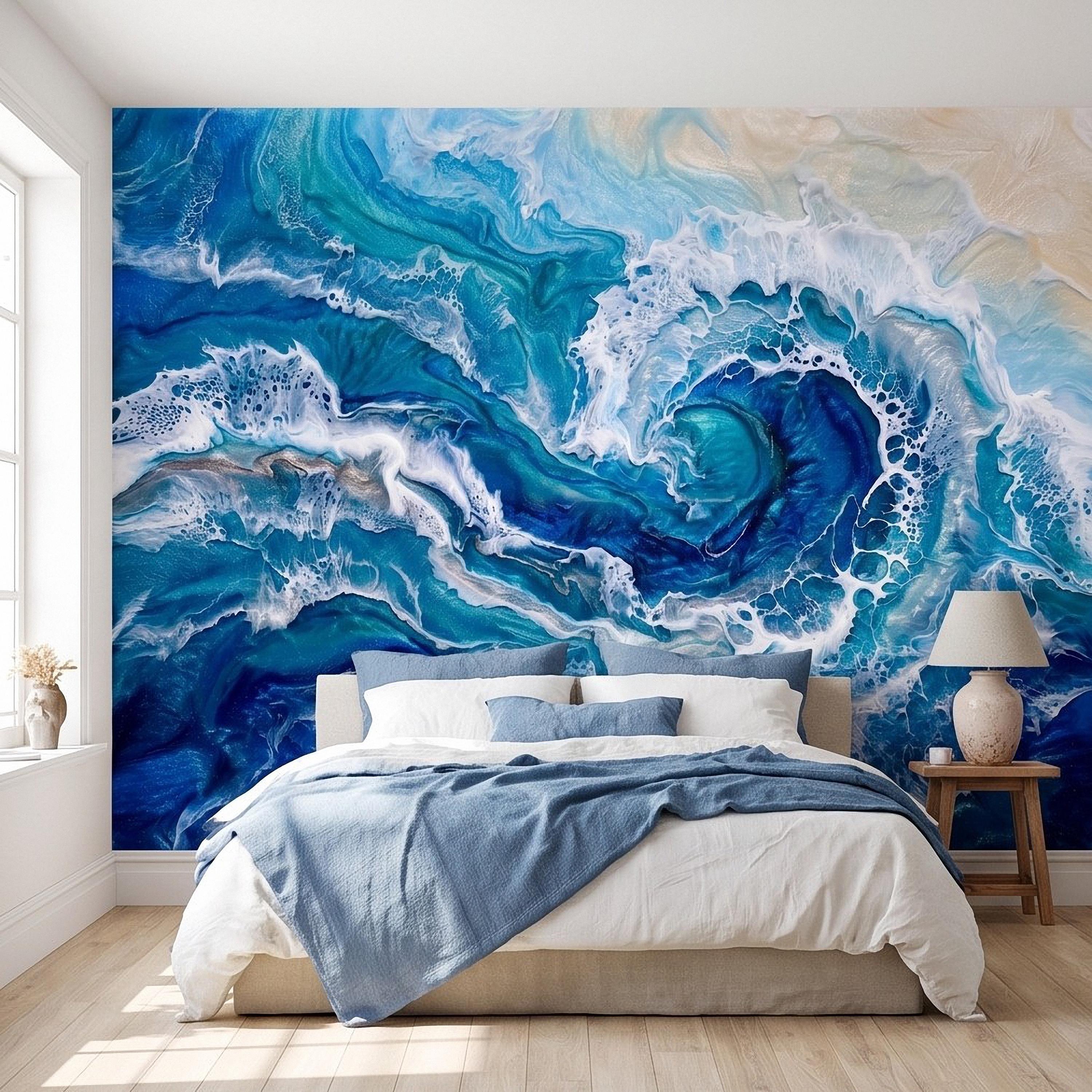 Ocean Wave Peel and Stick Wall Mural, Abstract Resin Seascape, Turquoise Coastal Water, Foaming Sea Waves Wallpaper