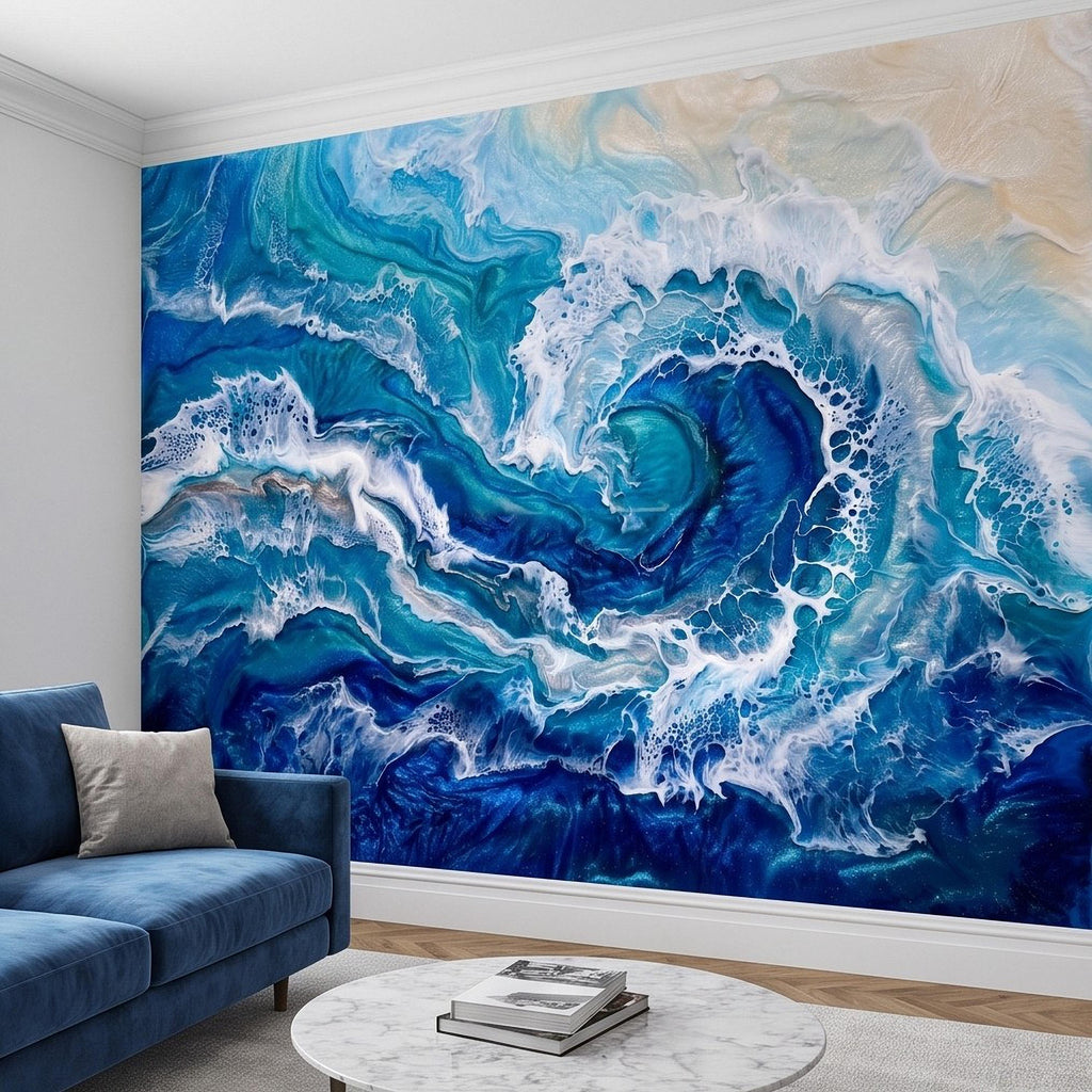 Ocean Wave Peel and Stick Wall Mural, Abstract Resin Seascape, Turquoise Coastal Water, Foaming Sea Waves Wallpaper
