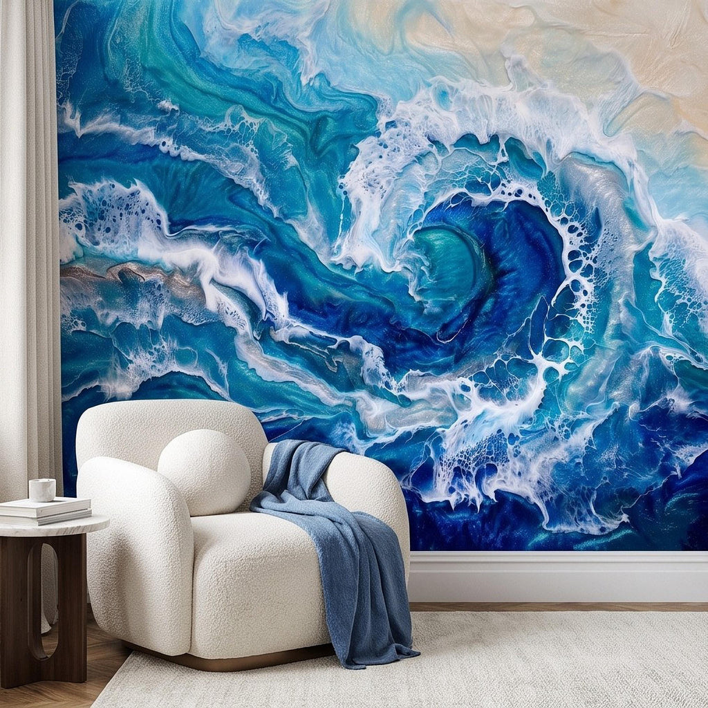Ocean Wave Peel and Stick Wall Mural, Abstract Resin Seascape, Turquoise Coastal Water, Foaming Sea Waves Wallpaper