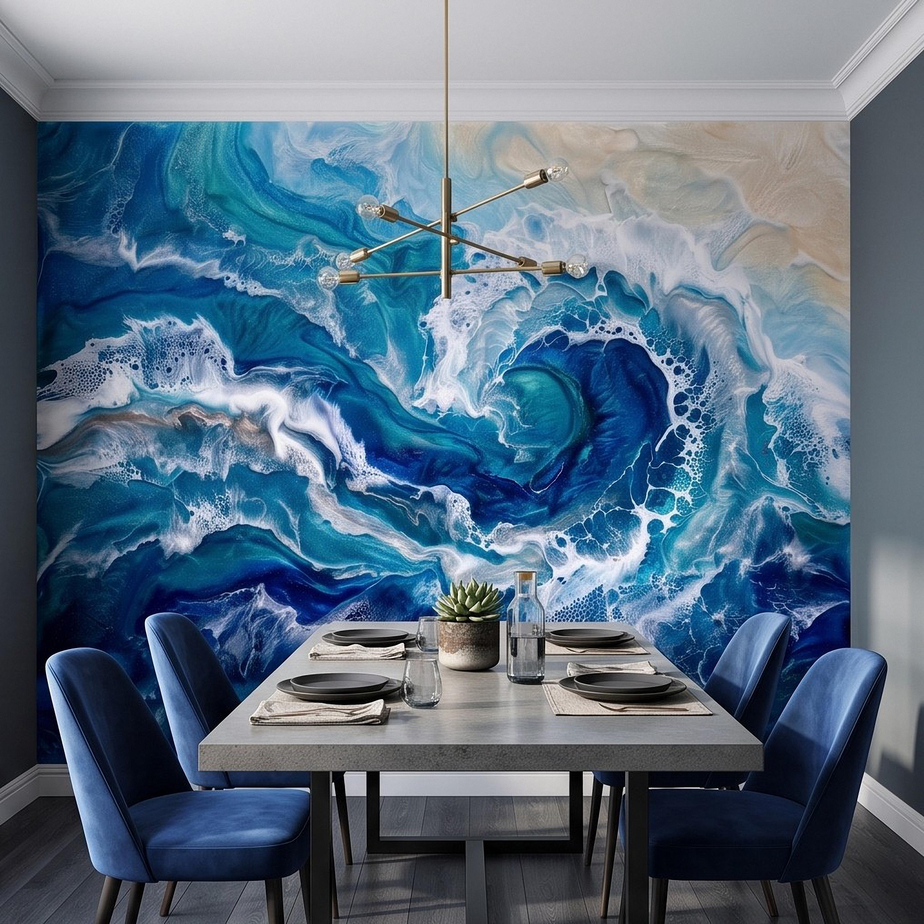 Ocean Wave Peel and Stick Wall Mural, Abstract Resin Seascape, Turquoise Coastal Water, Foaming Sea Waves Wallpaper