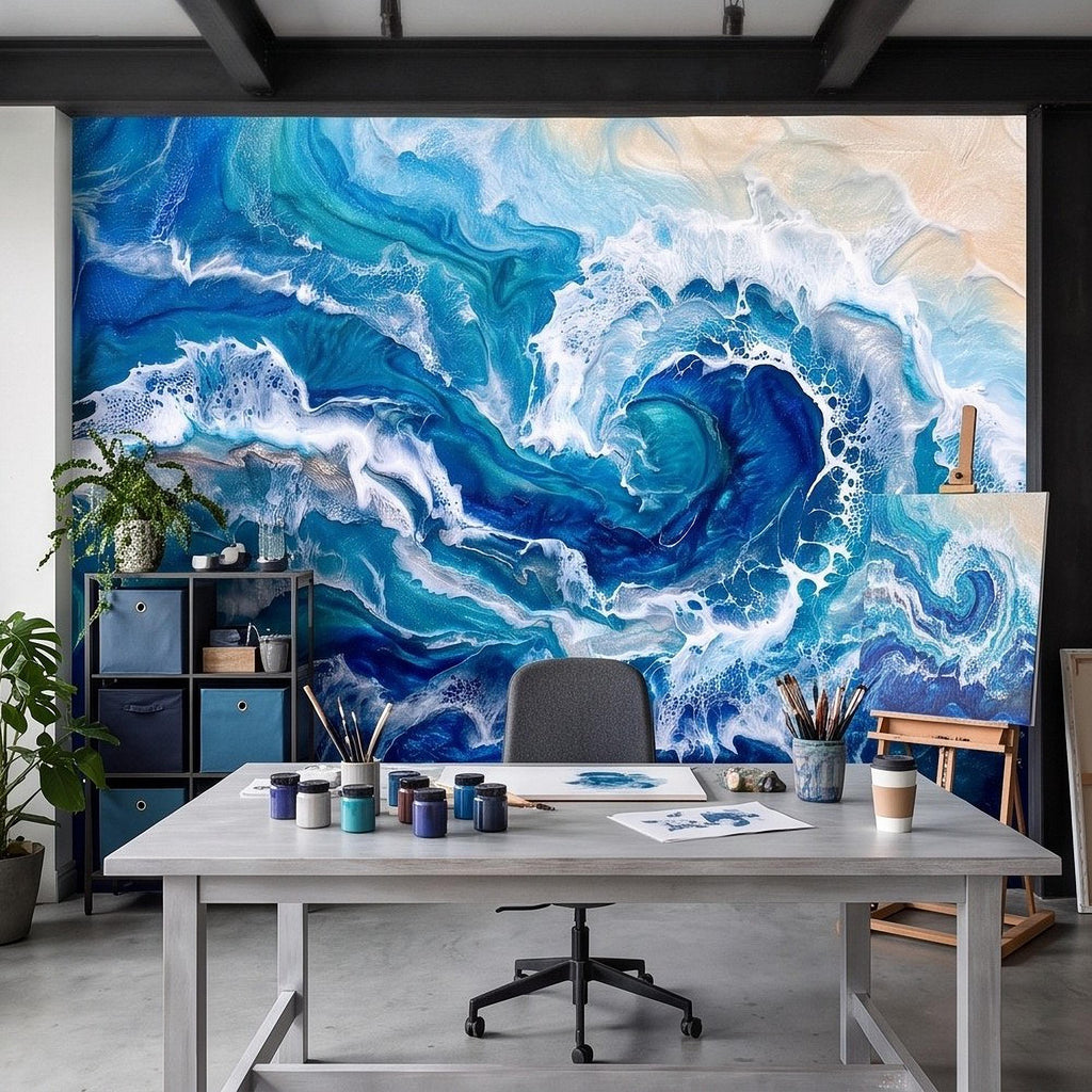 Ocean Wave Peel and Stick Wall Mural, Abstract Resin Seascape, Turquoise Coastal Water, Foaming Sea Waves Wallpaper