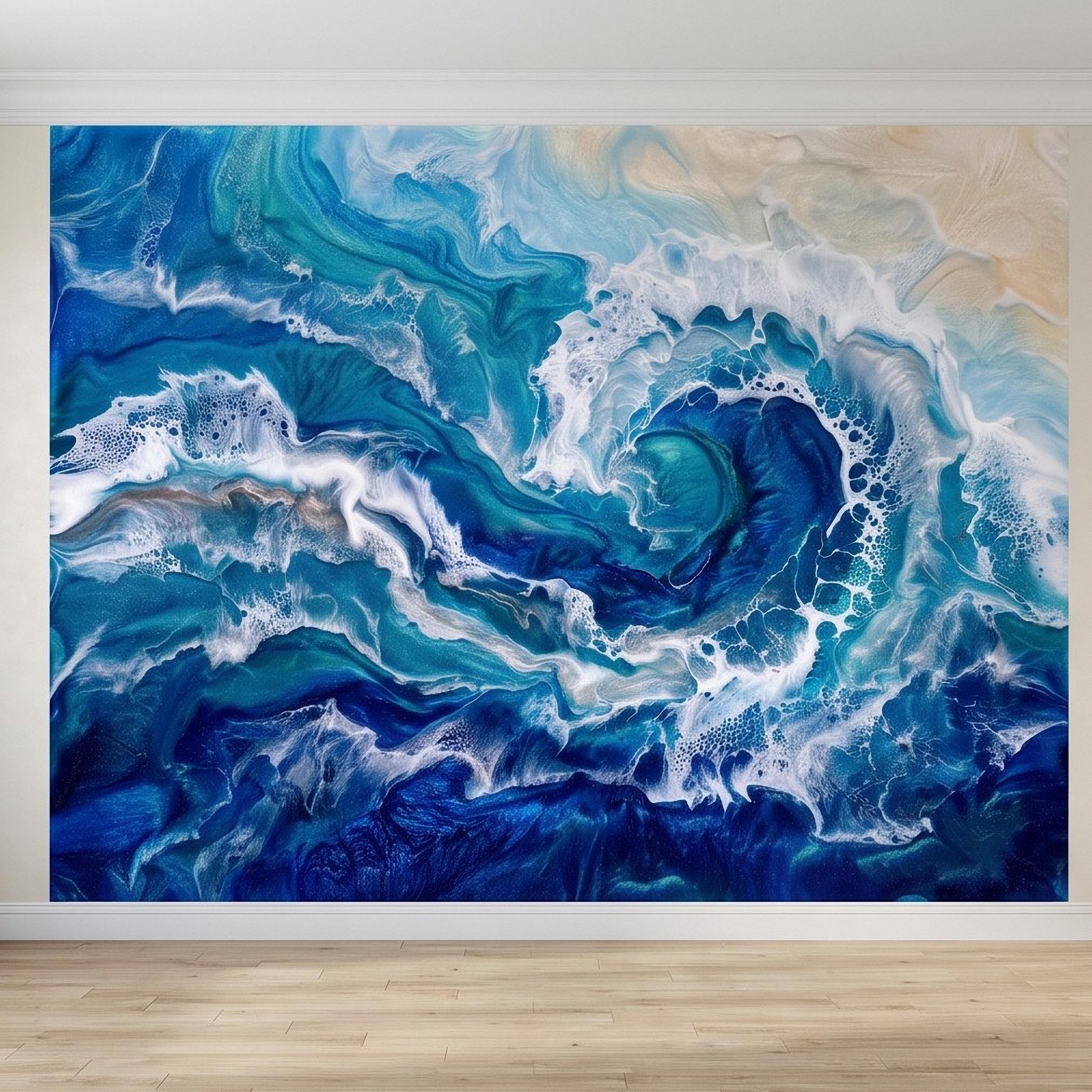 Ocean Wave Peel and Stick Wall Mural, Abstract Resin Seascape, Turquoise Coastal Water, Foaming Sea Waves Wallpaper