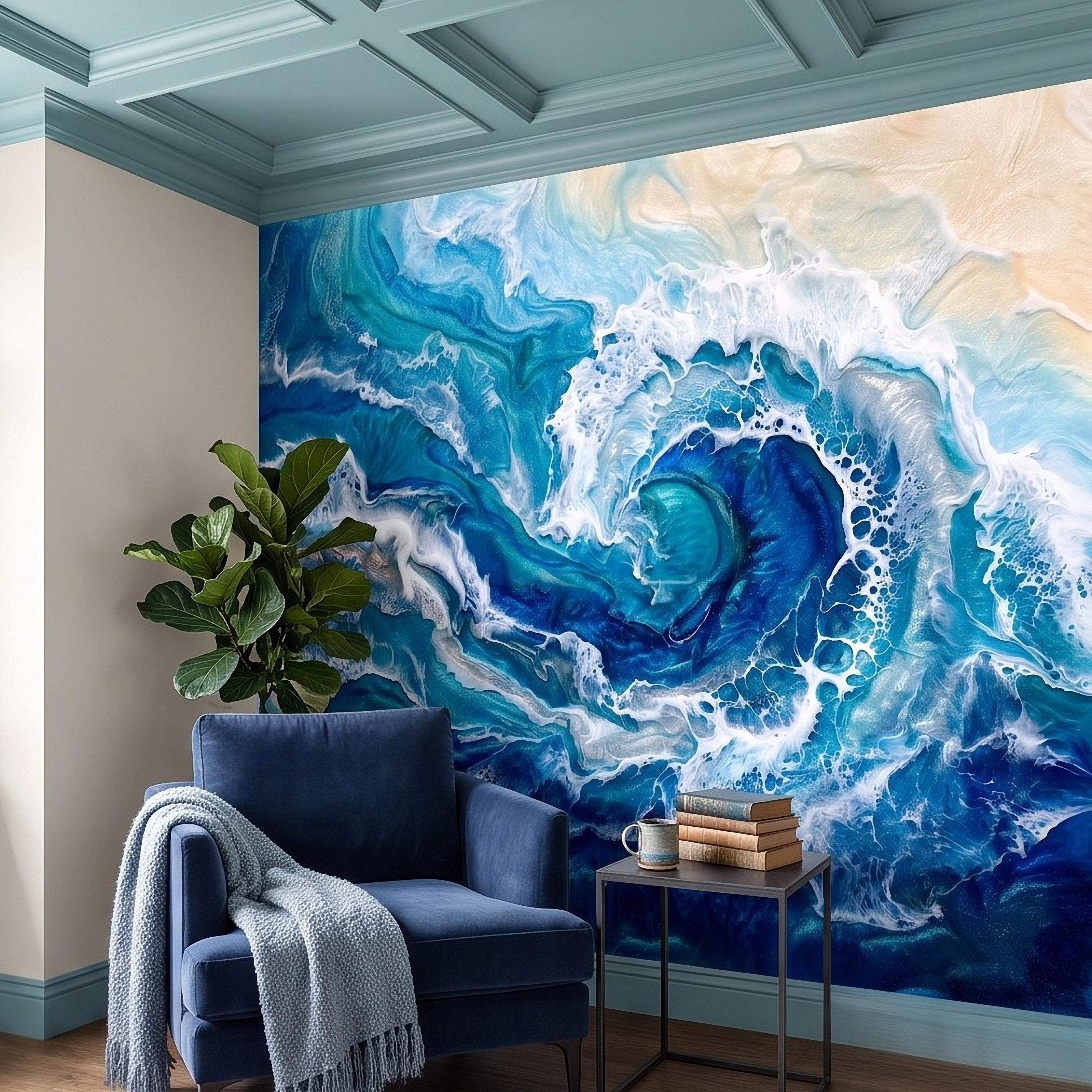 Ocean Wave Peel and Stick Wall Mural, Abstract Resin Seascape, Turquoise Coastal Water, Foaming Sea Waves Wallpaper