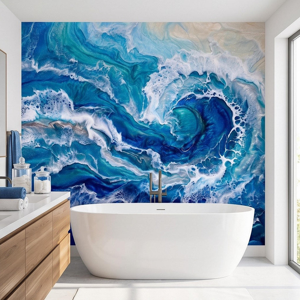 Ocean Wave Peel and Stick Wall Mural, Abstract Resin Seascape, Turquoise Coastal Water, Foaming Sea Waves Wallpaper